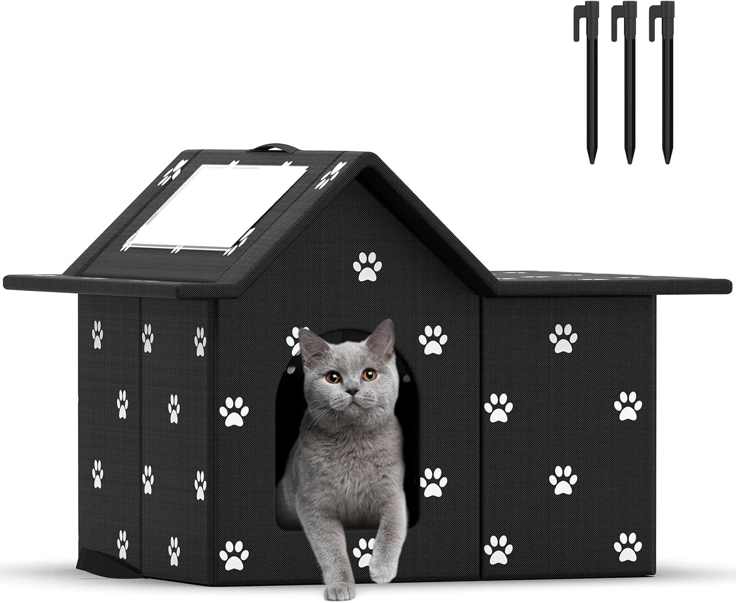 Katzenhaus Für Draußen Winterfest, Haus für verwilderte Katzen mit abnehmbaren Kissen, Winterschutz für Haustiere mit Türvorhängen, einfach zu montieren