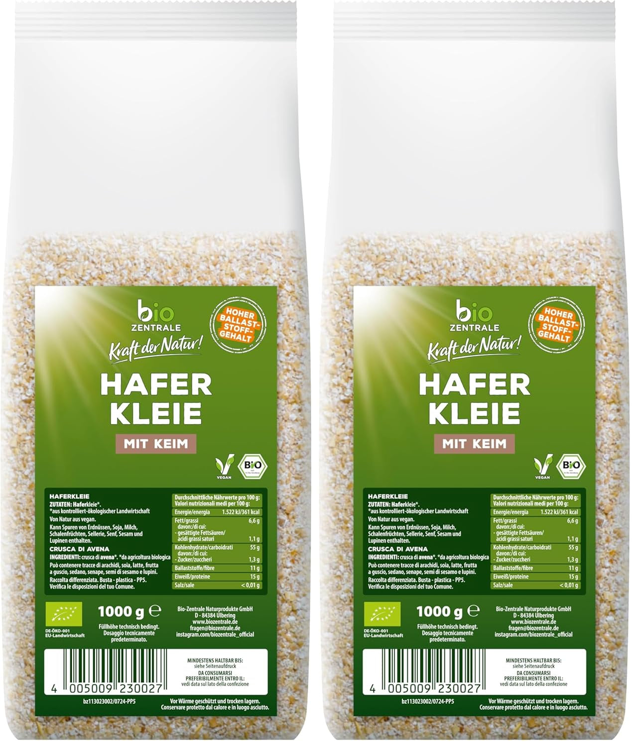 Son d'avoine bio Biocentral 1 kg | Forfait avantageux | Source de protéines riche en fibres | Naturellement végétalien | De l'agriculture de l'UE | Faible teneur en sucre