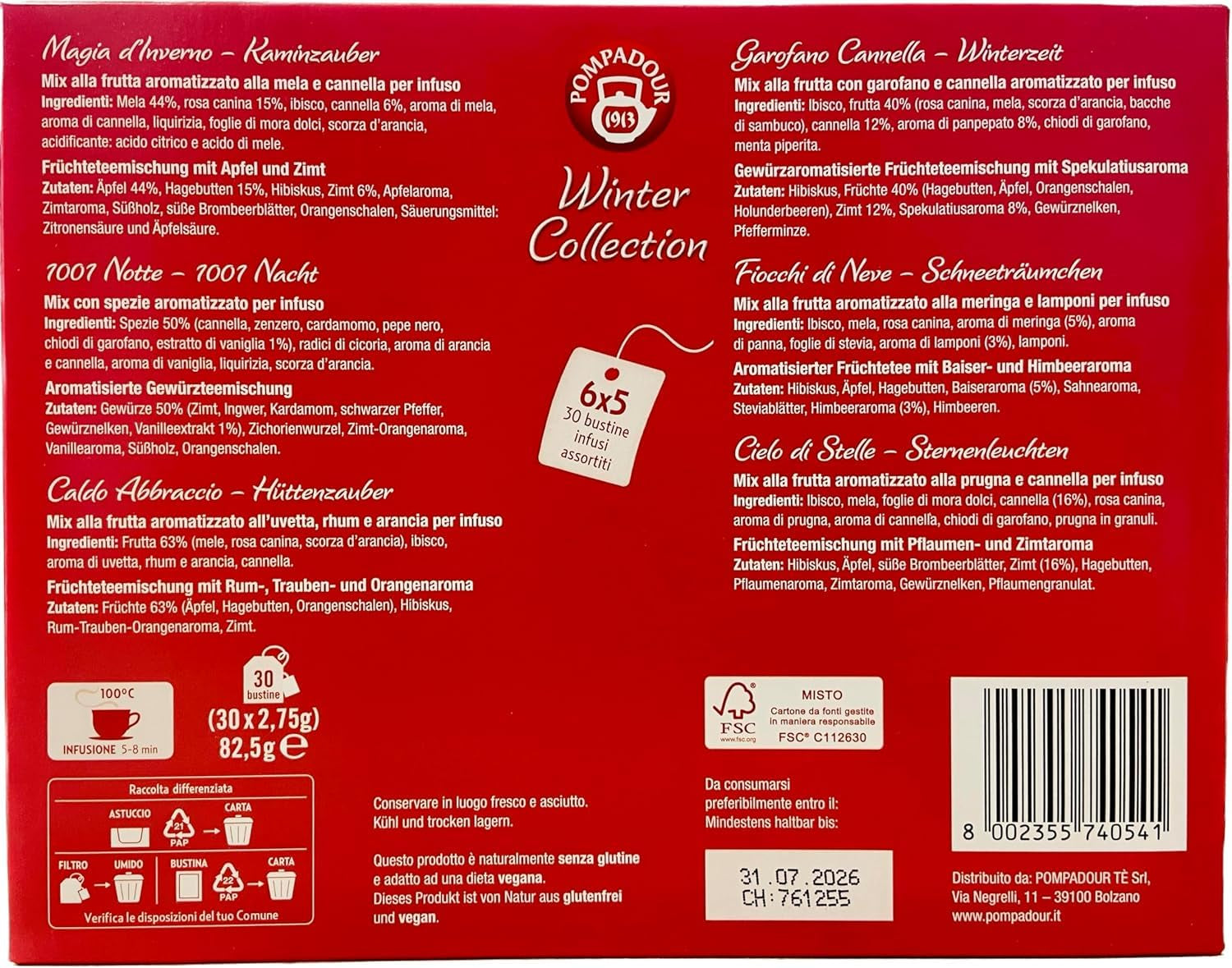 Pompadour 1913 Collection Hiver Assortiment de tisanes et de fruits décaféinés - 1 x 30 sachets de thé (82,5 grammes)