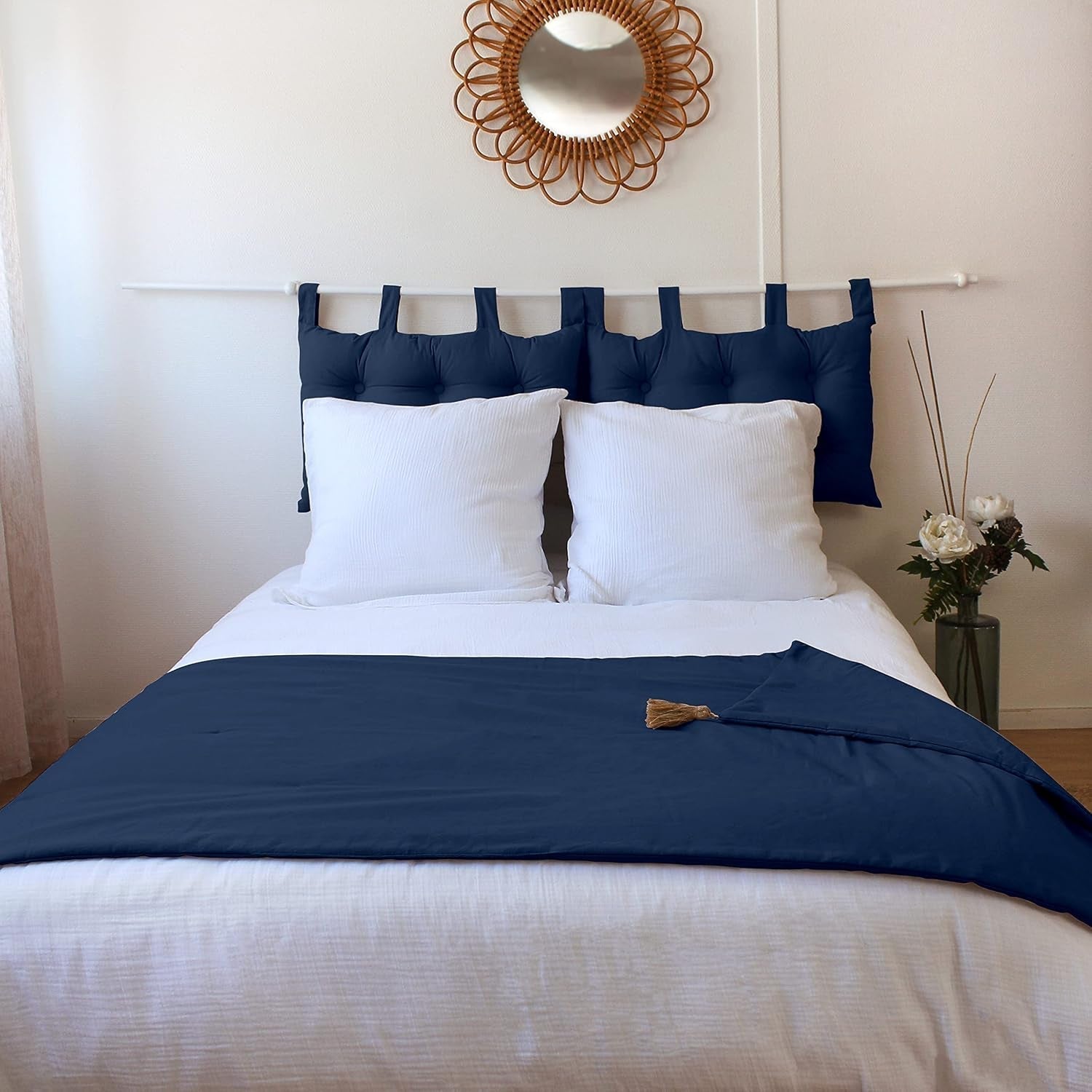 Enjoy Home - Collection Panama - Couette avec 4 pompons en jute - 100% coton - Certificat Oeko-Tex - 90 X 190 Cm - Couleur : Bleu marine Couettes et couettes Naty Shop