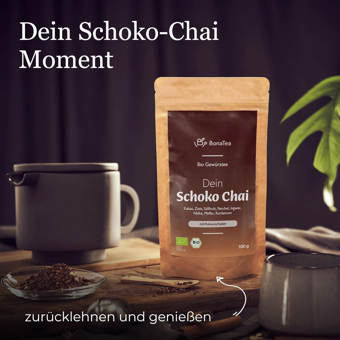 Thé épicé BIO Schoko Chai sans sucre, avec cabosses de cacao, cannelle, réglisse et autres épices aromatiques Chai, 100 g
