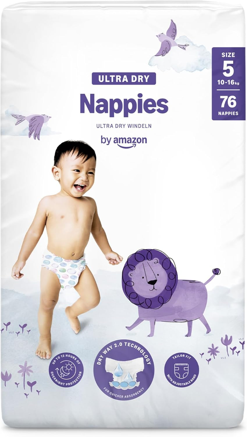 Couches Amazon Ultra Dry, taille 1 (2-5 kg) – Boîte mensuelle, blanche, 96 pièces (2 paquets de 48) (anciennement marque Mama Bear, produit identique)