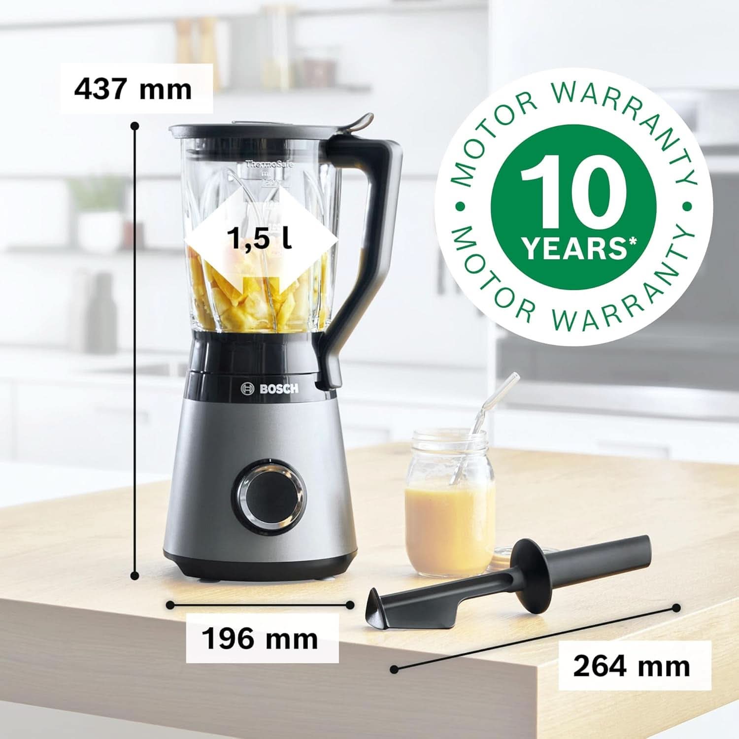 Bosch Batteur sur socle Vitapower Serie 4 MMB6172SN, Version Verbesserte, 10 Jahre Motorgarantie, Edelstahl-Klingen, 1,5L Glasbehälter, Spülmaschinenfeste Teile, 30 000 U/Min, 1200 W, Silver Kitchen Naty Shop