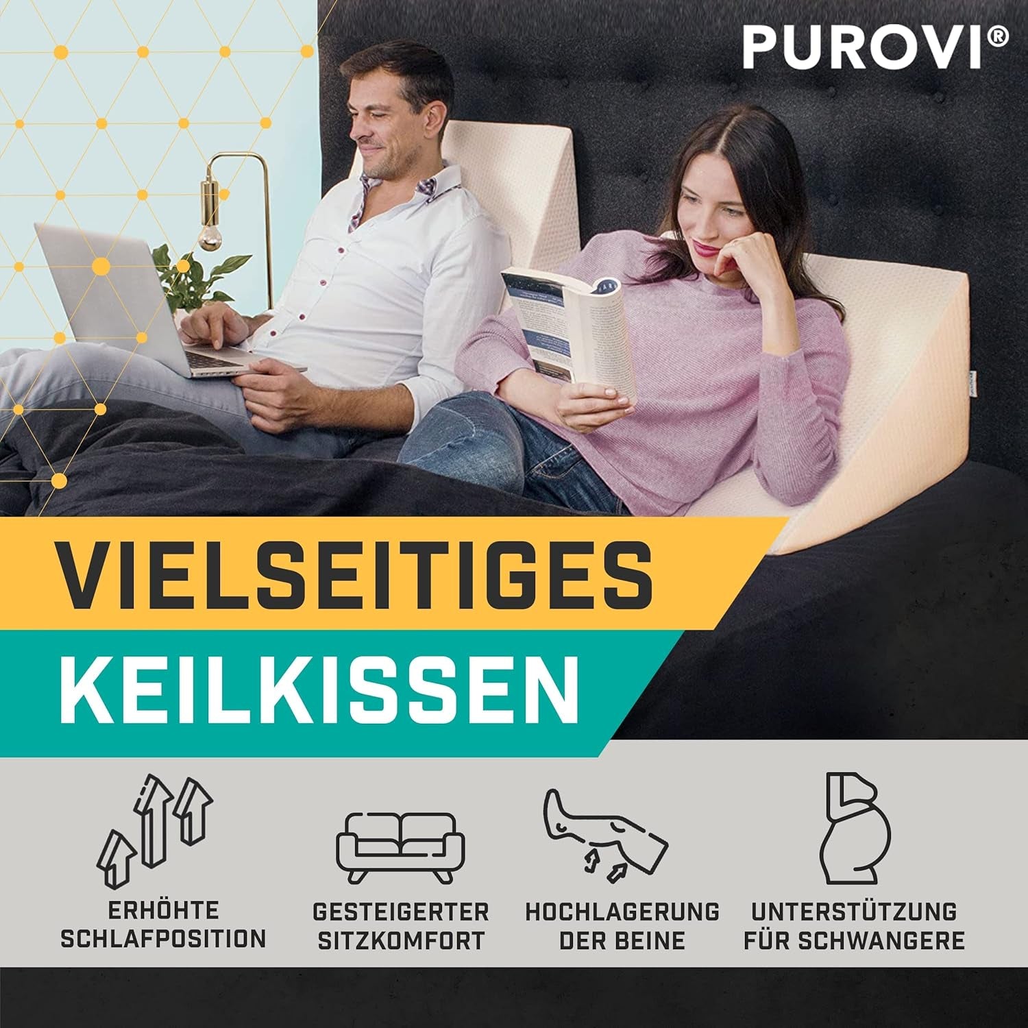 Oreiller compensé pour lit et canapé - Idéal comme oreiller de lecture, pour le dos du lit ou pour surélever les jambes - Mousse indéformable - Housse lavable
