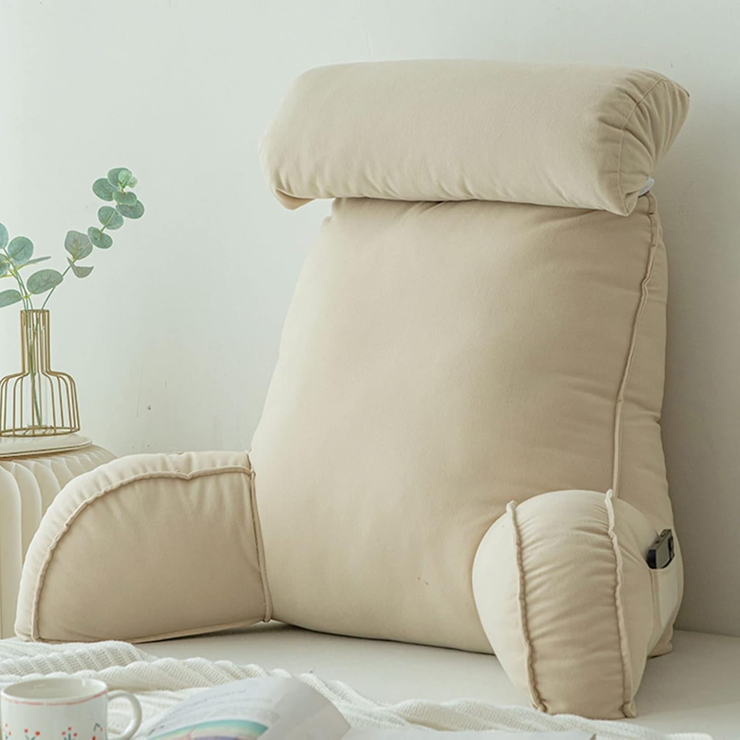 Oreiller de lecture avec accoudoirs, coussin de dossier de canapé, coussin de livre pour lit, avec tour de cou amovible, coussin de soutien de chaise pour se détendre, jouer, lire, regarder la télévision, couleur champagne