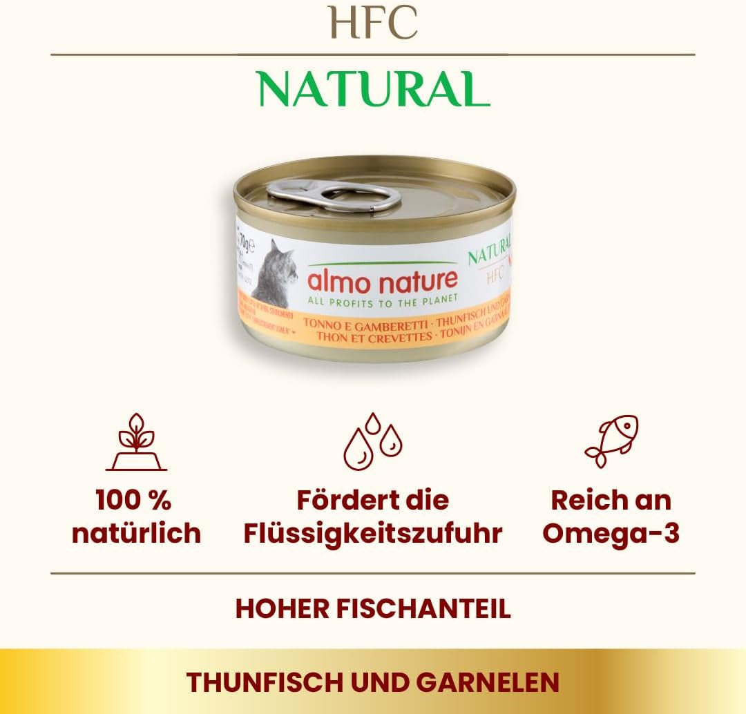 Almo Nature HFC Nourriture humide naturelle pour chat – Thon et crevettes, paquet de 24 (24 x 70 g)