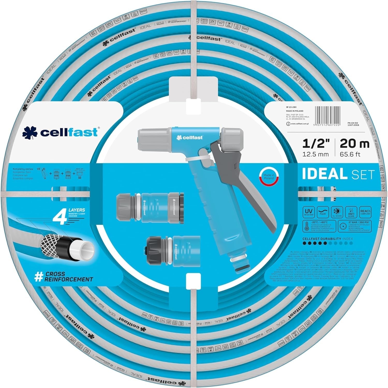 Kit de tuyaux d'arrosage Cellfast Ideal, robuste, flexible, 4 brins, arroseur, résistant aux UV et aux algues, technologie Reach, 27 bar, -20/+60° courte durée, 1/2", 20 m