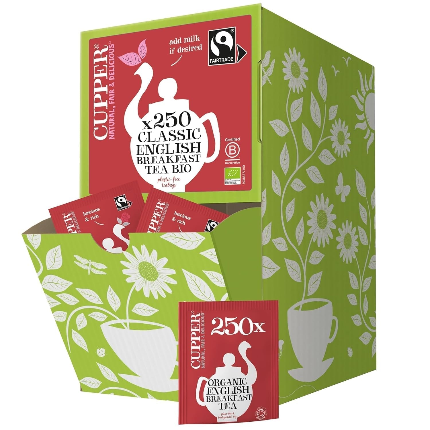 Cupper Thé aux fruits bio Canneberge Framboise | Thé à la framboise | 250 sachets de thé non blanchis | Grand paquet | Parfait pour le bureau | Écologique | Commerce équitable