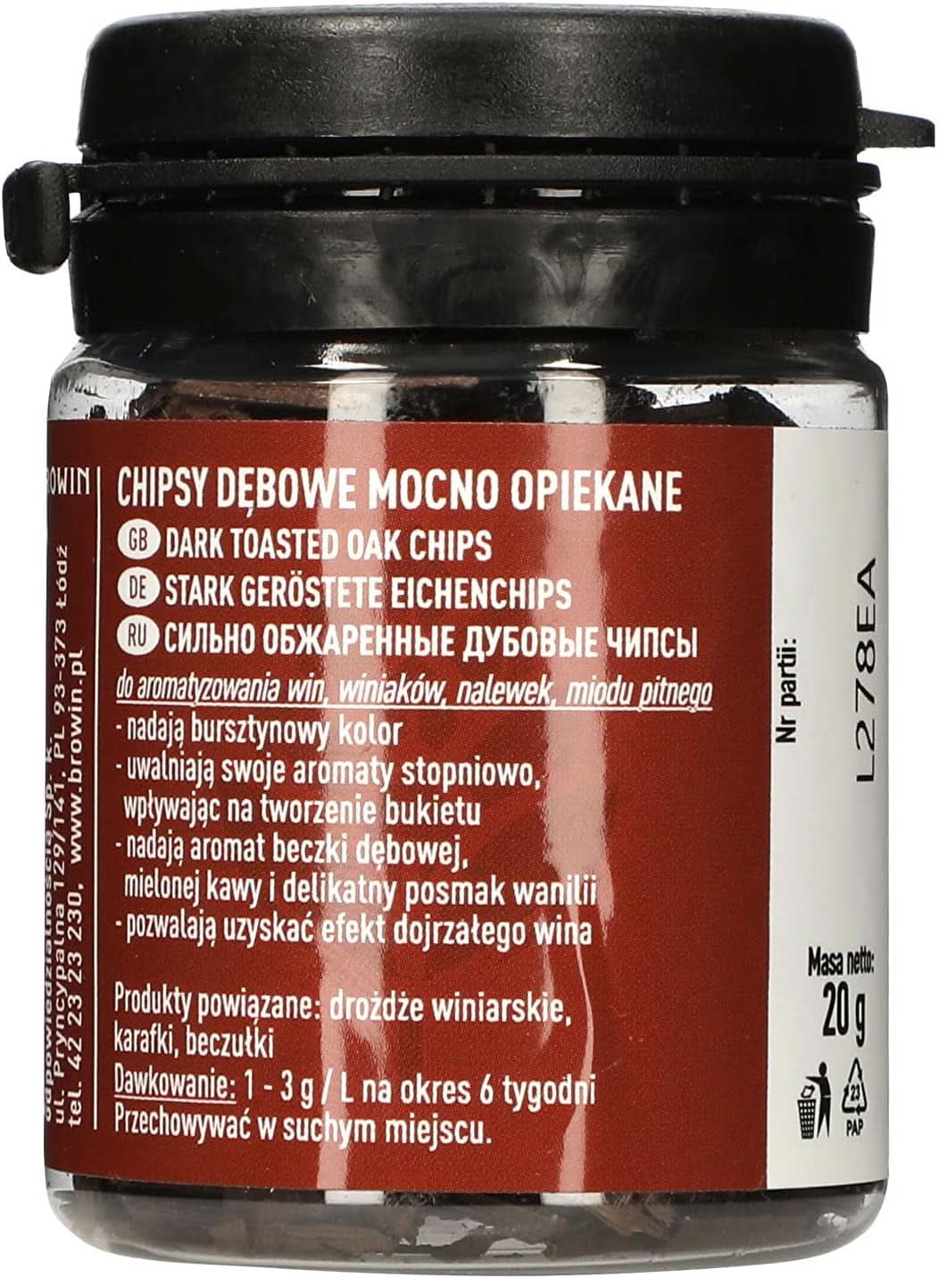 Browin Copeaux de chêne fortement torréfiés 20 g - Flocons, bâtonnets de chêne fins pour aromatiser l'alcool, arômes Brown Naty Shop 20 g hautement torréfiés - Flocons