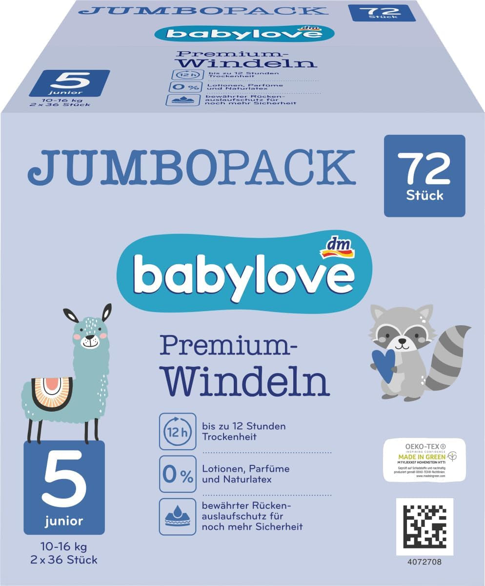 Couches Premium Active Plus, taille 5, Junior 12-25 kg, pack Jumbo, 2 x 36 pièces, 72 pièces