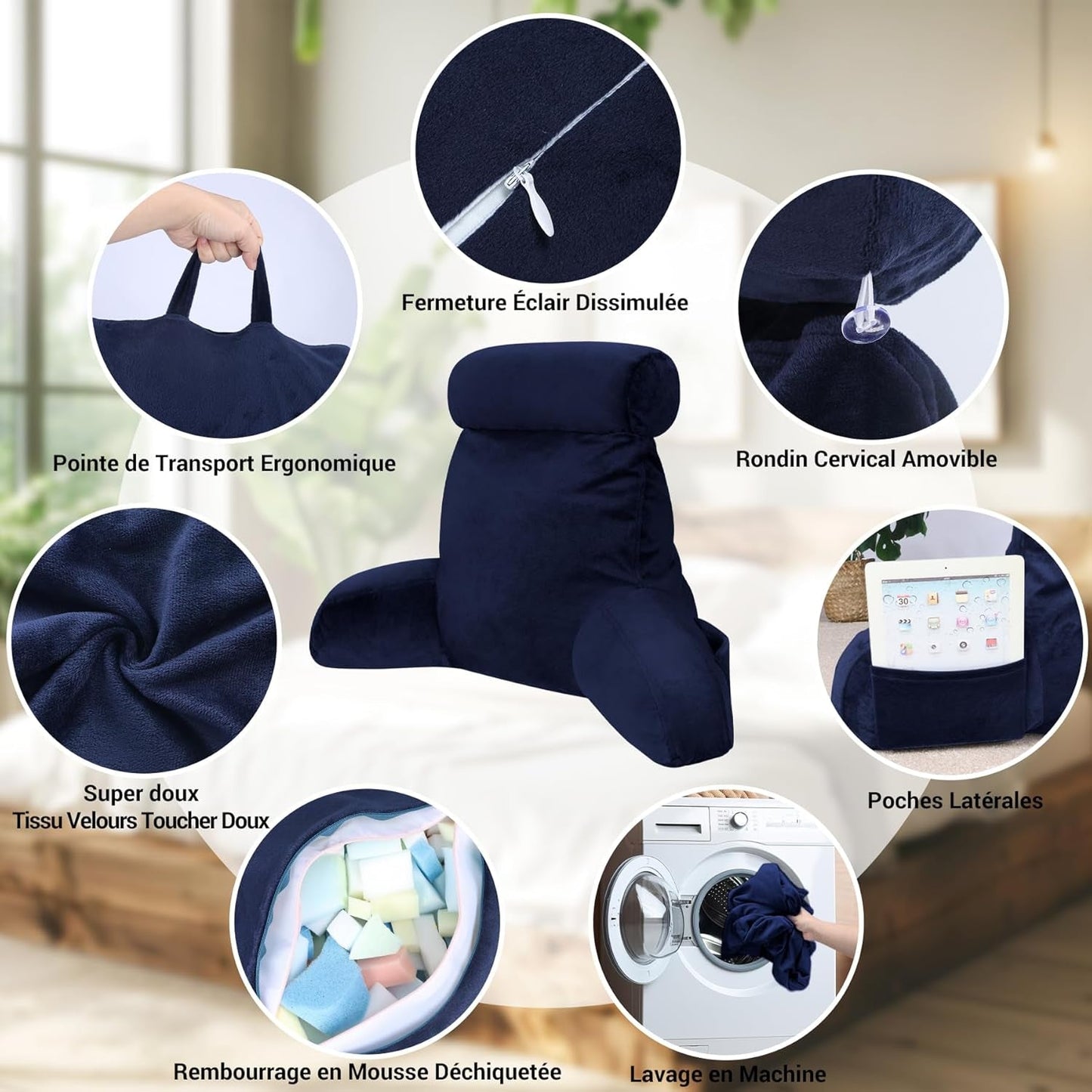 Oreiller de lecture ergonomique INFANZIA avec accoudoirs, support dorsal, bleu marine
