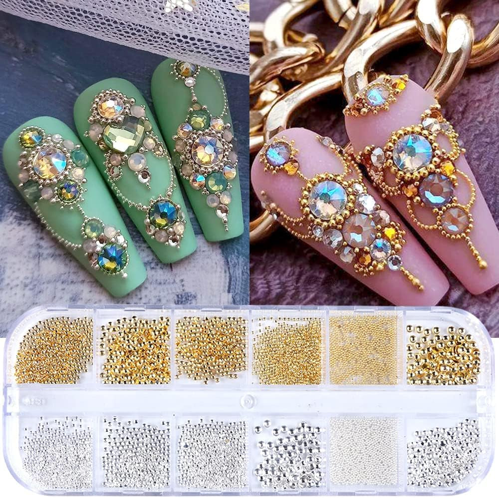 GZMAYUEN Nail Art Perles Micro Caviar pour Nägel, 0.3-3Mm Argent Doré Mini Caviar Strasssteine, Weiß Beige Mini Nägel Perlen Microperlen Décoration pour Nägel
