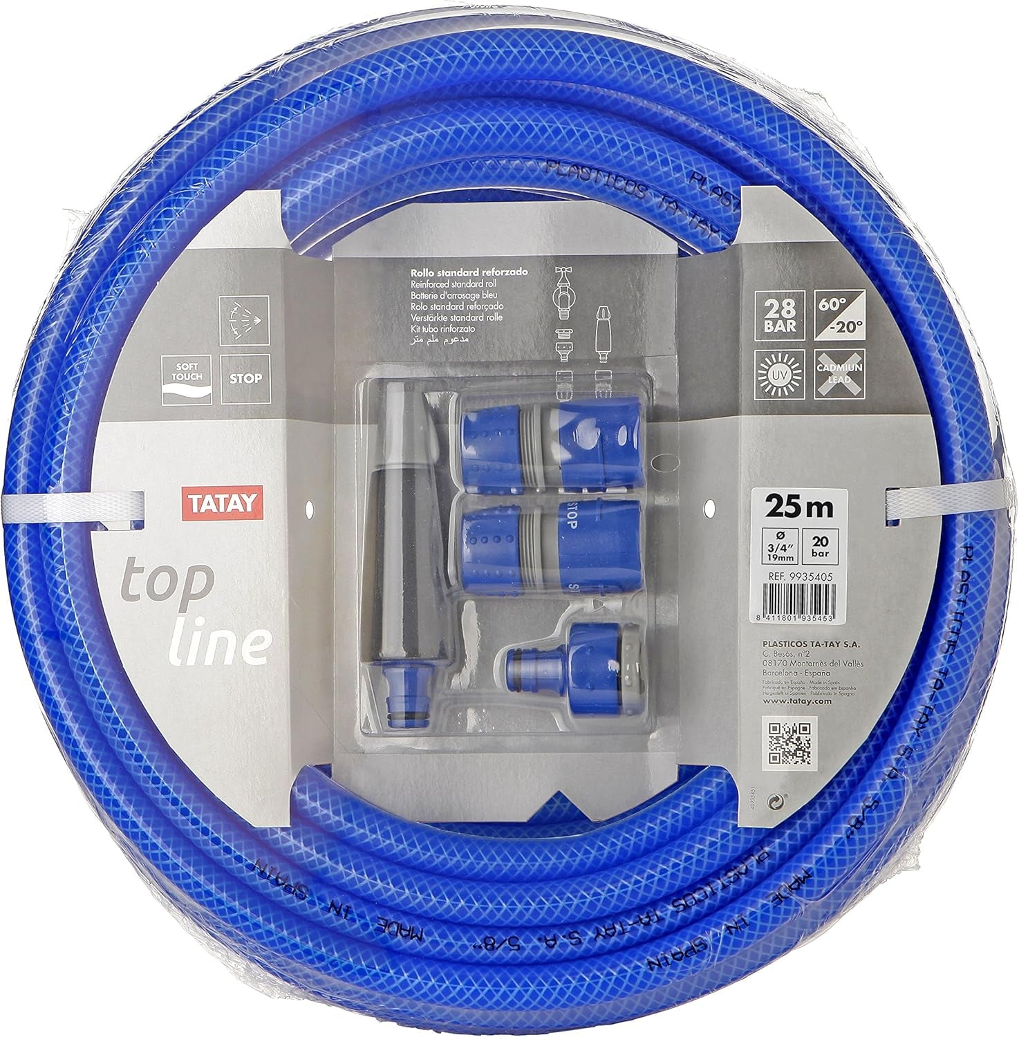Kit tuyau d'arrosage TATAY Blue Line 25 mètres Ø3/4" 19mm, 3 couches, fabriqué en Espagne, résistance 20 bar et +60°/-20°, tressé, sans cadmium ni plomb, sans BPA, anti-UV. Coloris bleu.