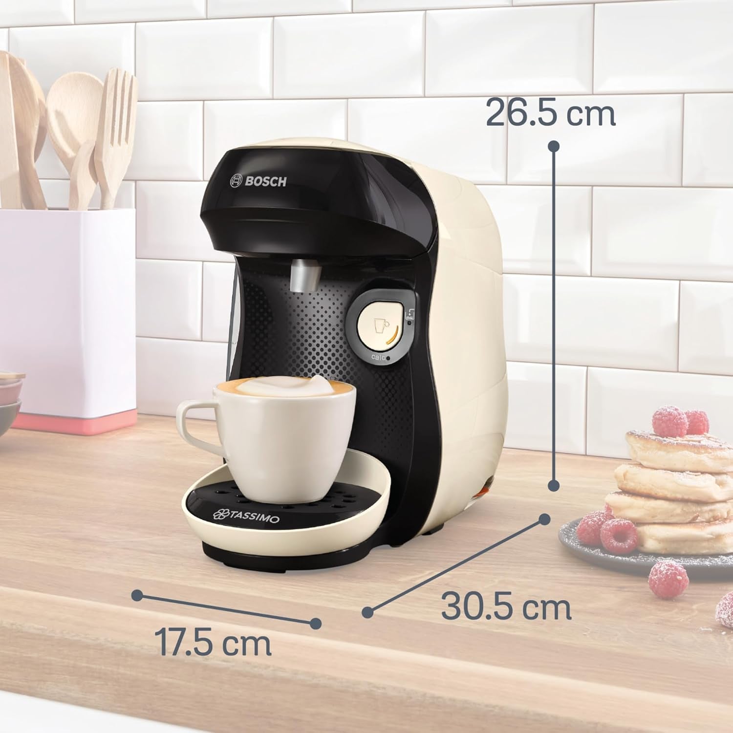 Bosch Tassimo Happy Friendly TAS107E Machine à expresso à capsules, plus de 70 boissons, convient à toutes les tasses, arrêt automatique, durable, dosage parfait, gain de place, 1400 W, crème/noir