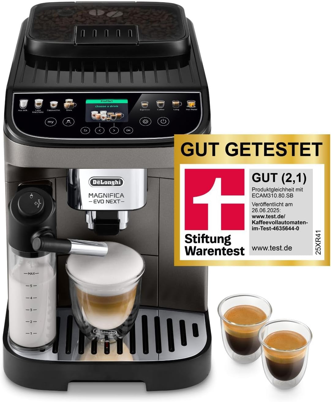 De'Longhi Magnifica Evo Next - Expresso entièrement automatique Perfetto avec mousseur à lait LatteCrema, 13 boissons à une touche, cafetière et cappuccino, écran tactile couleur, titane (ECAM312.80.TB)