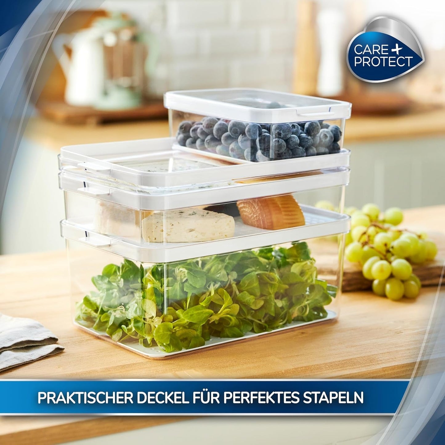 CARE + PROTECT Récipient alimentaire intelligent, parfaitement empilable, organisateur de réfrigérateur, protège les aliments de l'humidité, garde les aliments frais plus longtemps, 2,15 l Boîtes de conservation alimentaire Naty Shop