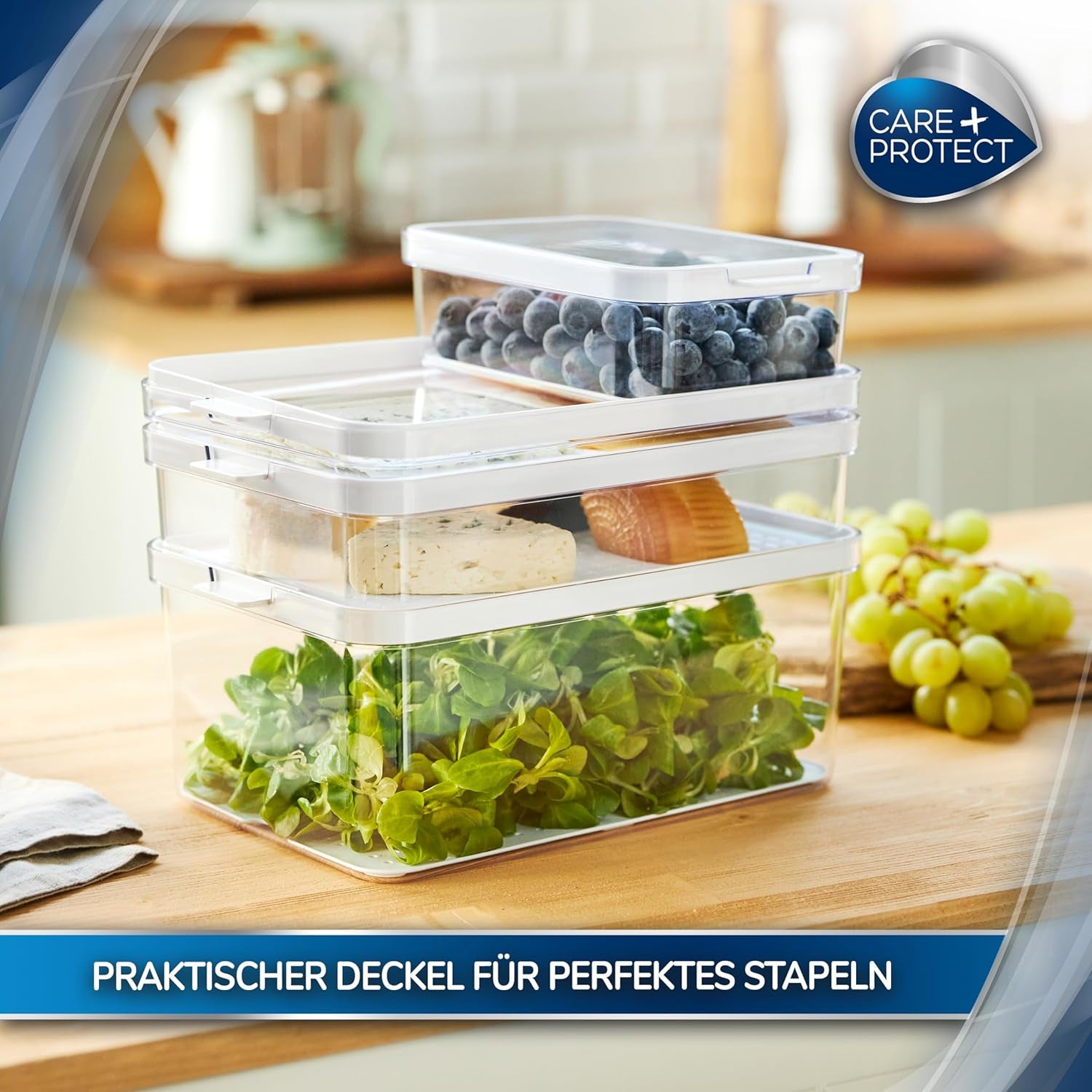 CARE + PROTECT Récipient alimentaire intelligent, parfaitement empilable, organisateur de réfrigérateur, protège les aliments de l'humidité, garde les aliments frais plus longtemps, 2,15 l Boîtes de conservation alimentaire Naty Shop