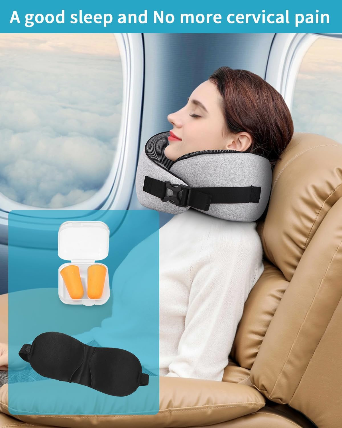Oreiller cervical d'avion, oreiller de voyage en mousse à mémoire de forme, oreiller cervical pour adulte, oreiller d'avion réglable et lavable, oreiller de voyage ergonomique (gris) Oreillers orthopédiques cervicaux Naty Shop