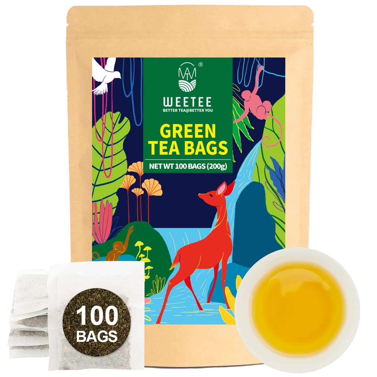 WEETEE Sachets de thé vert, 100 sachets de thé vert, thé vert pur, super antioxydant | Sachets refermables | Préparation chaude ou froide