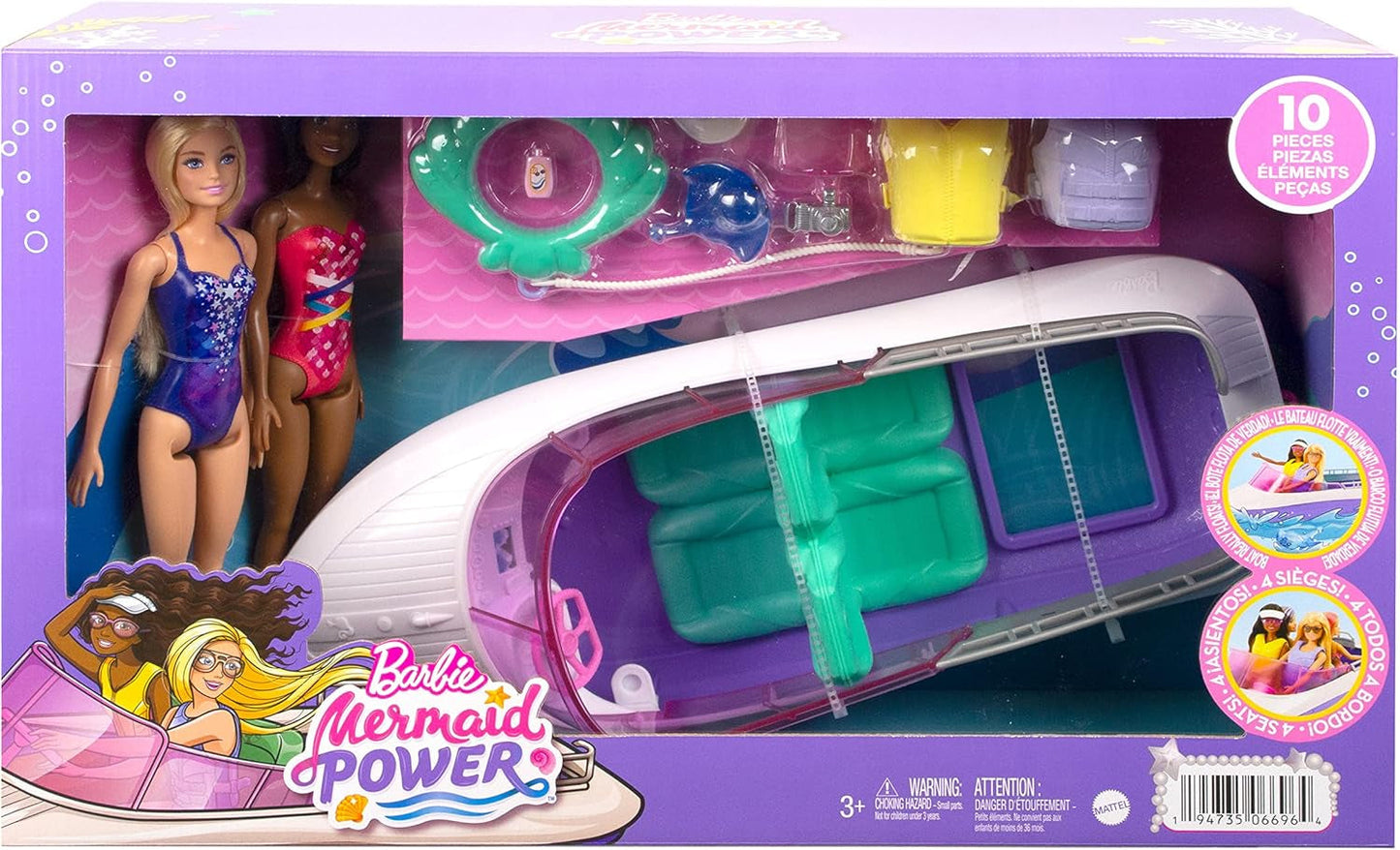 Barbie HHG60 - Bateau à moteur sirène avec 2 poupées (blonde/brune) et divers accessoires, jouet pour enfants à partir de 3 ans