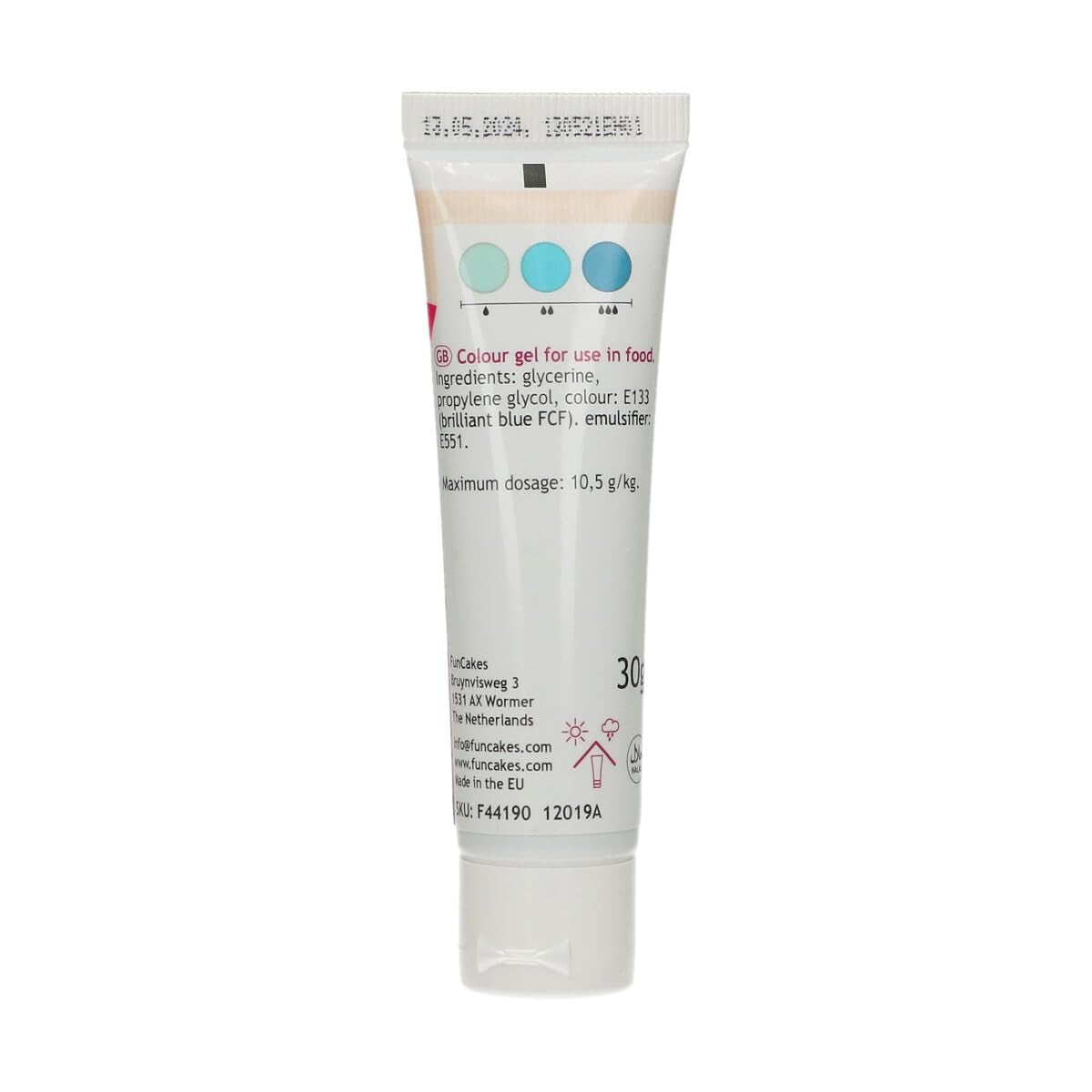 Funcakes Food Color Gel Aqua : Colorant alimentaire hautement concentré pour pâte, crème, fondant et pâte d'amande. Dosage facile. Une seule goutte pour créer des couleurs vibrantes. Halal. 30g.
