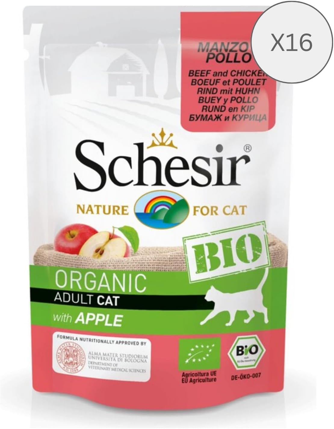 Cat Bio Adult Bœuf et Poulet à la Pomme, Nourriture Humide pour Chat, 16 Sachets x 85 g