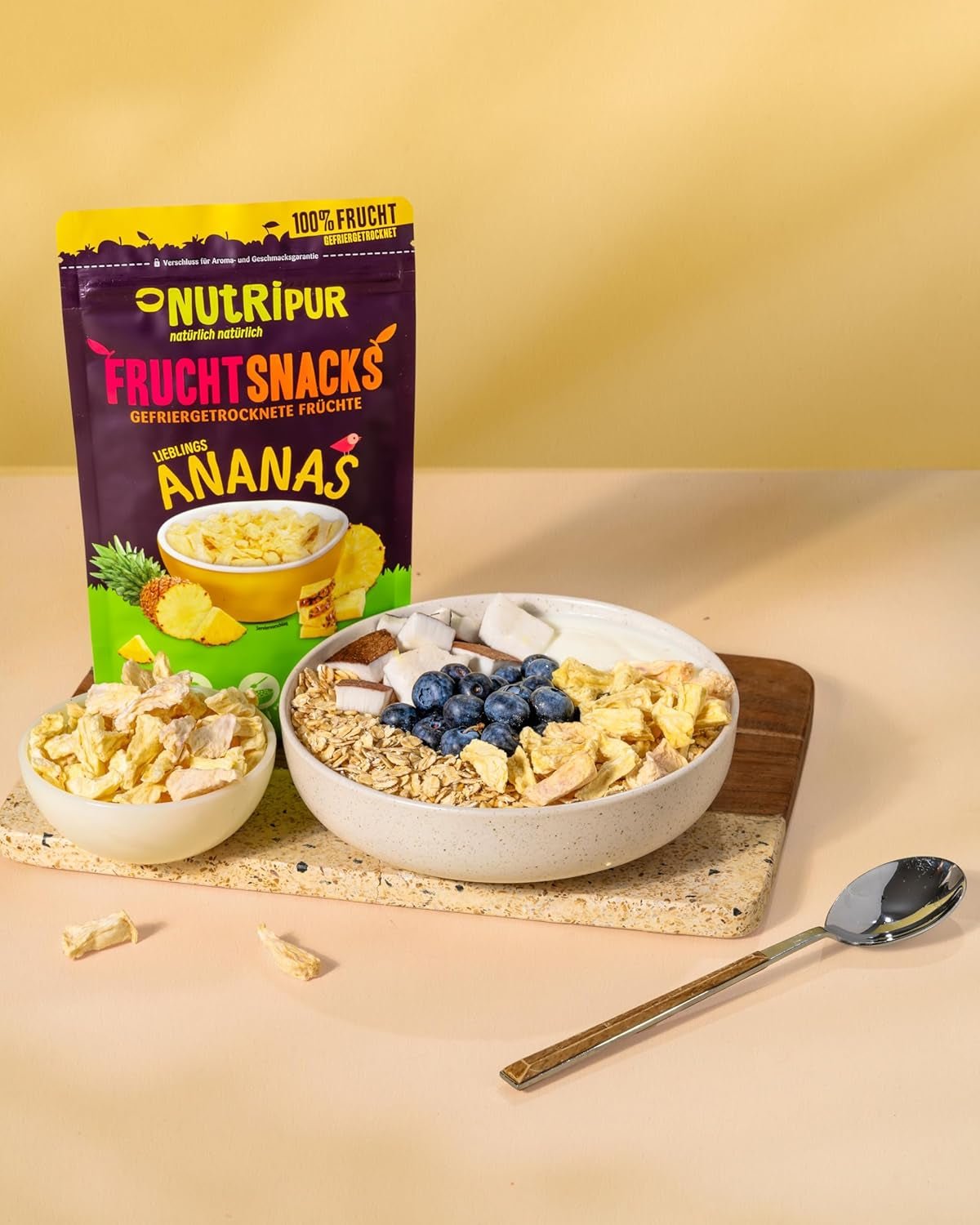 Ananas lyophilisés BITS 100g gros morceaux pour smoothie bowls, muesli, porridge topping - fruits lyophilisés sans sucre ajouté - ananas séchés - fruits de NutriPur Produits déshydratés Naty Shop