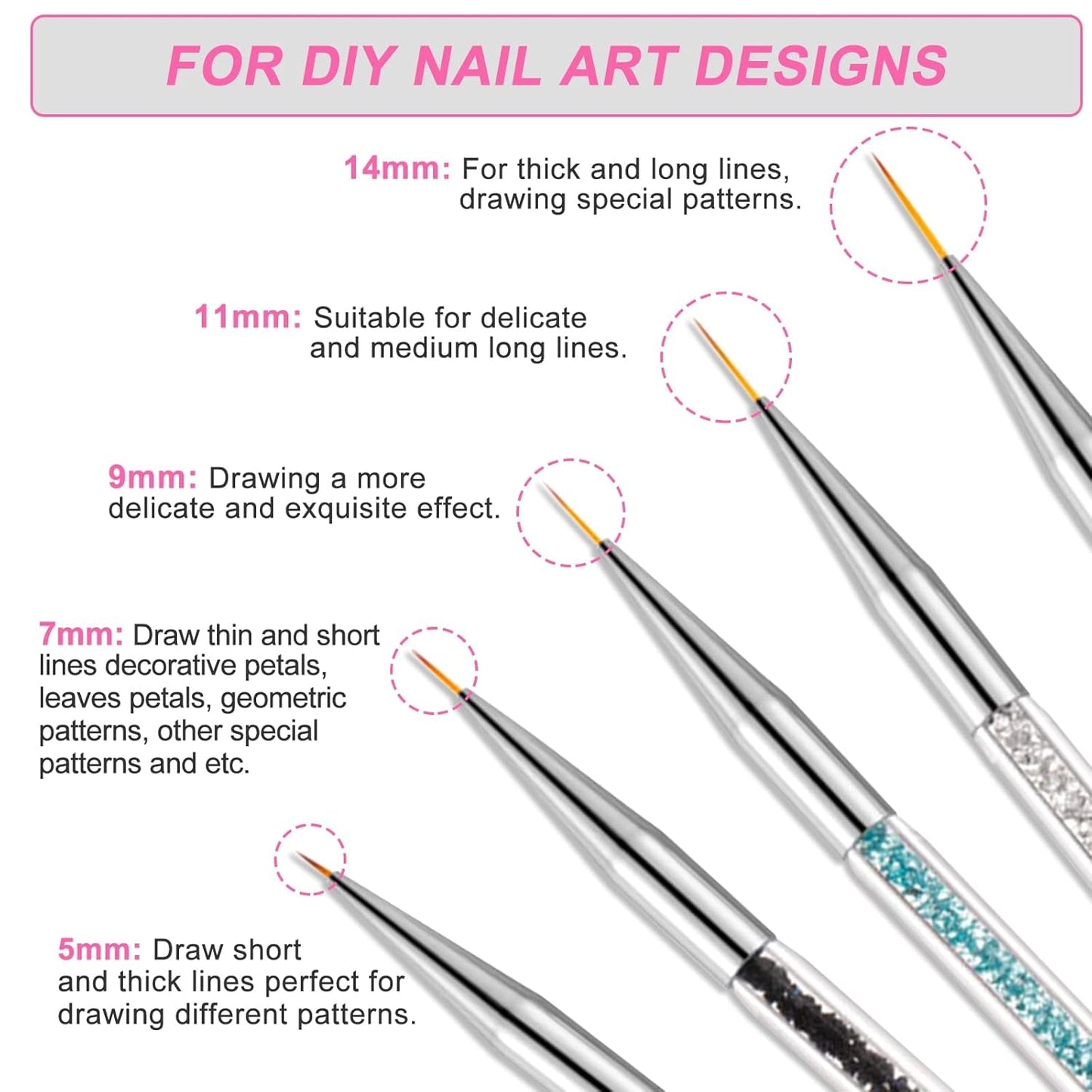 Sularpek Nail Art Pinsel, 5 Stück Nageldesign Pinsel, Nail Art Dotting Tools, Nail Art Liner-Pinsel, Zum Herstellen von Nagellack, Punktieren, Feinmalerei, DIY