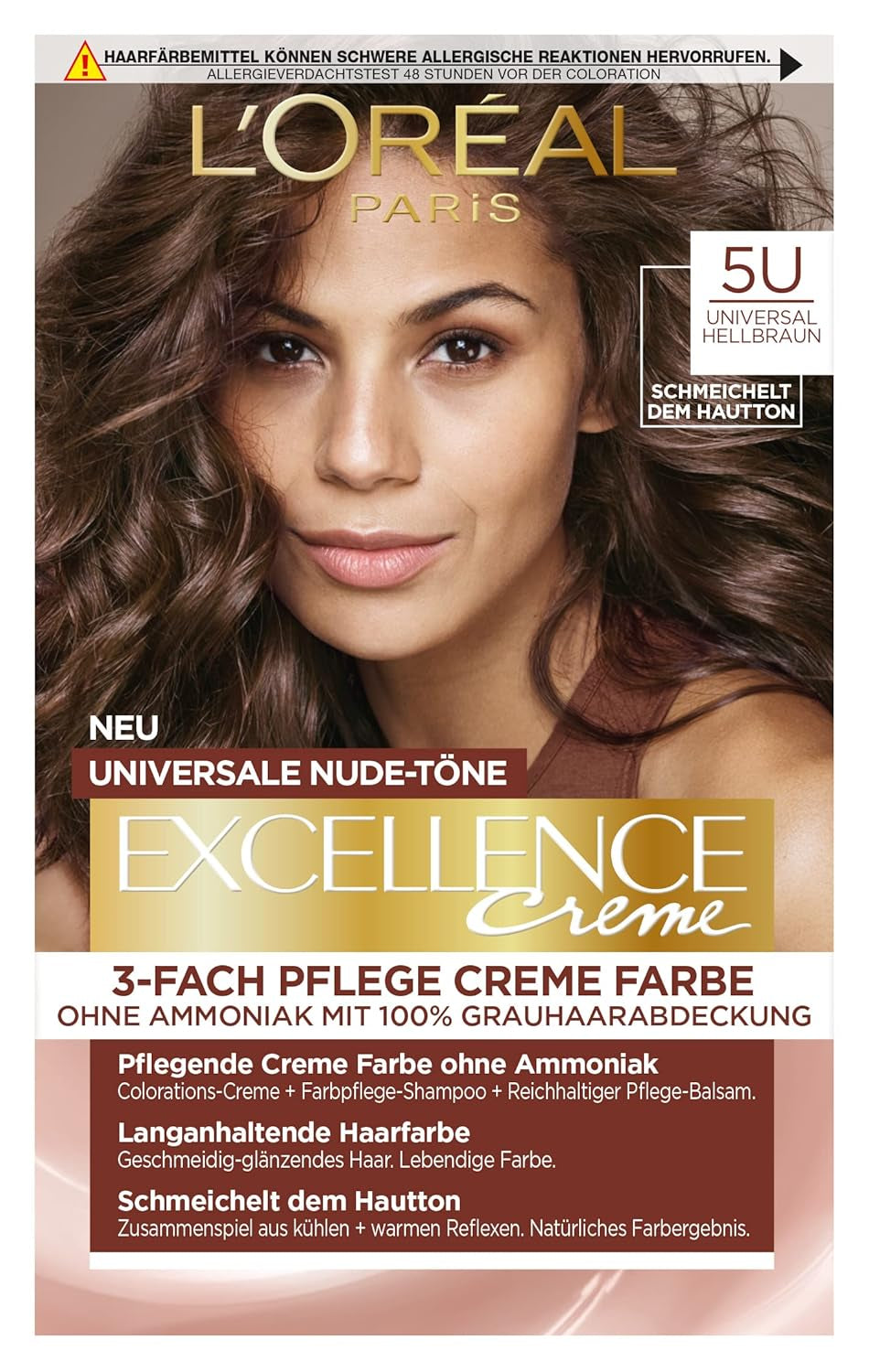 L'Oréal Paris Teinture capillaire permanente pour toutes les carnations, coloration sans ammoniaque, tons nude universels avec couverture complète des cheveux gris, Excellence Creme, no. 5U Châtain clair (marron), 1 pièce de teinture capillaire Naty Shop