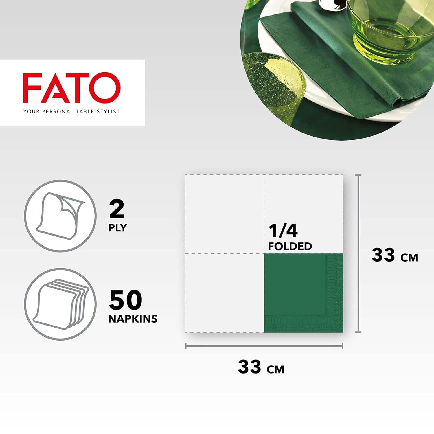 , Serviettes en papier jetables, idéales pour les déjeuners et les buffets décontractés, paquet de 50 serviettes, taille 33 x 33, 4 plis, 2 épaisseurs, vert forêt, papier 100 % pure cellulose, certifié FSC