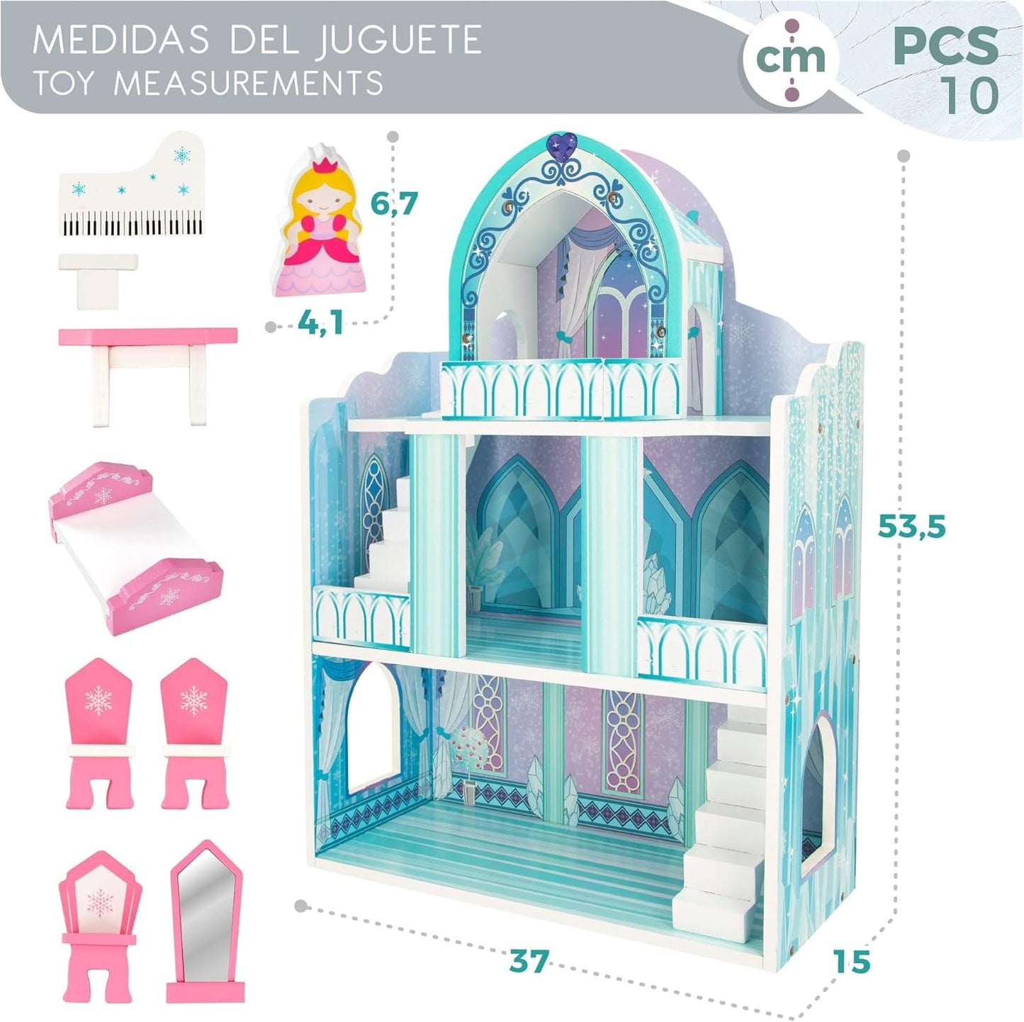 Maison de poupée en bois, Châteaux de princesse en bois, Maisons de poupées, 3 étages, Châteaux de princesse, 9 pièces en bois, 37x15x53,5 cm, Jouet en bois, 3 ans et plus