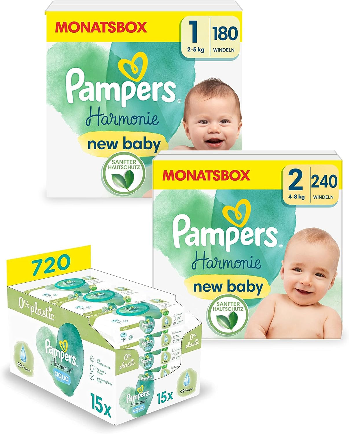 Ensemble de couches Harmonie Aqua Baby taille 1 (2-5 kg, 180 pièces), taille 2 (4-8 kg, 240 pièces), boîte demi-lune et lingettes Aqua Baby, 720 lingettes (15 x 48), kit de démarrage bébé