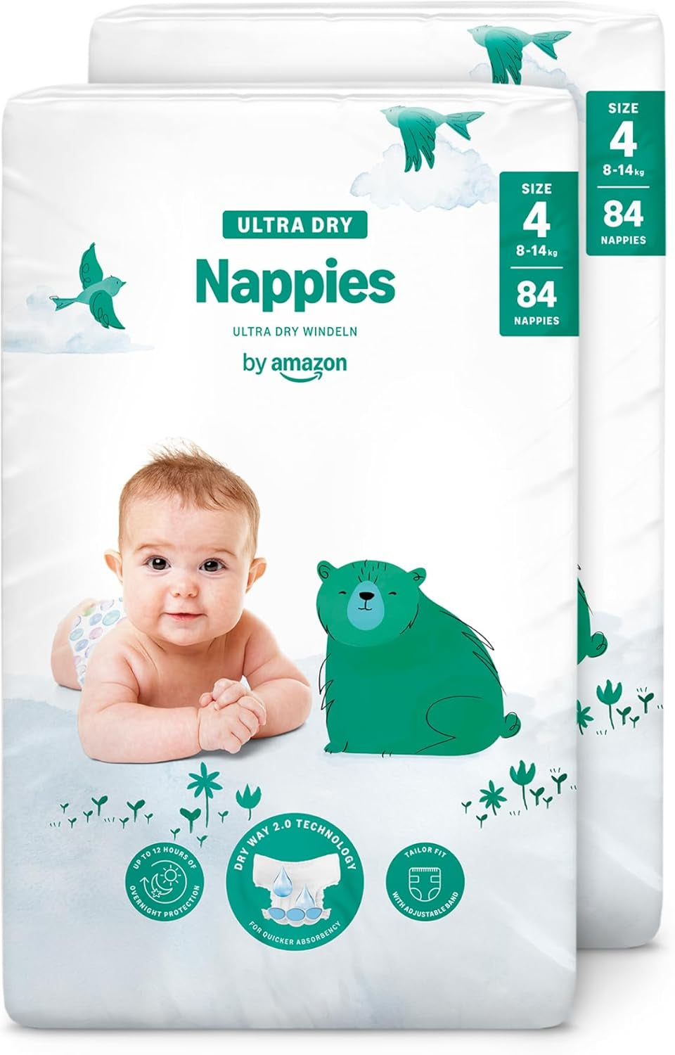 Couches Amazon Ultra Dry, taille 1 (2-5 kg) – Boîte mensuelle, blanche, 96 pièces (2 paquets de 48) (anciennement marque Mama Bear, produit identique)