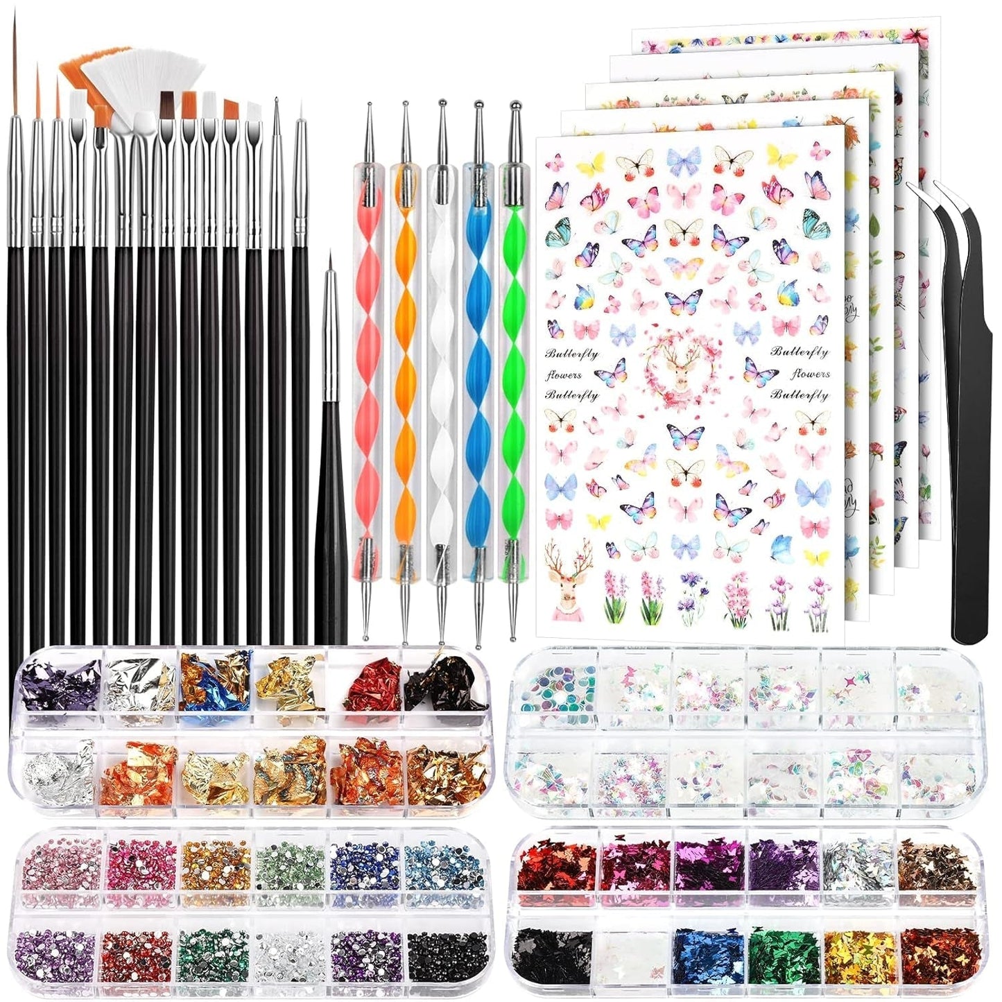 FANDAMEI Pinceaux pour Gel, 15 Pièces Pinceaux à Ongles, 5 Autocollants à Feuilles, Strasssteine ​​​​Nägel, Ensemble de Conception de Nagel, Accessoires de Conception de Nagel, Ensemble de Pinceaux à Ongles, Ensemble de Pinceaux à Ongles et Ensemble de Décorations