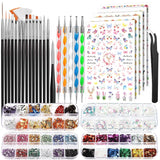 FANDAMEI Pinceaux pour Gel, 15 Pièces Pinceaux à Ongles, 5 Autocollants à Feuilles, Strasssteine ​​​​Nägel, Ensemble de Conception de Nagel, Accessoires de Conception de Nagel, Ensemble de Pinceaux à Ongles, Ensemble de Pinceaux à Ongles et Ensemble de Décorations