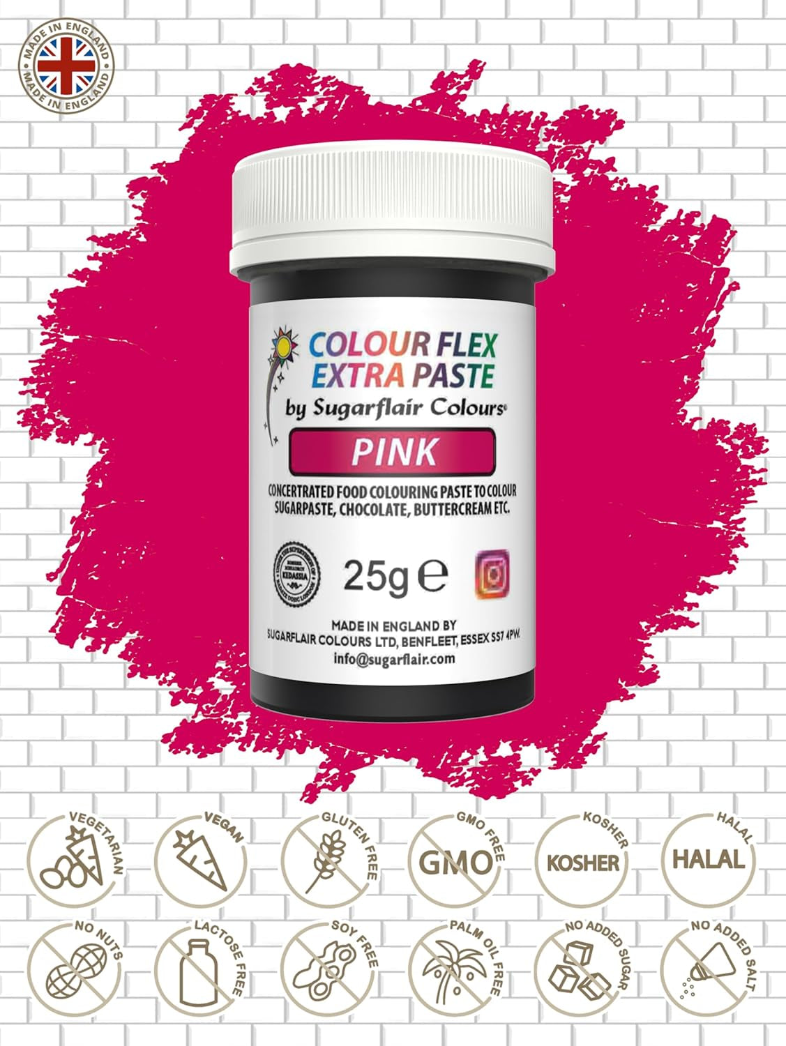 Pâte colorante alimentaire Sugarflair Colourflex Extra Pink Paste - Colorant alimentaire comestible pour crème au beurre, chocolat, pâte à sucre, glaçage, fondant, mélanges à gâteaux, pâte et plus - 25g