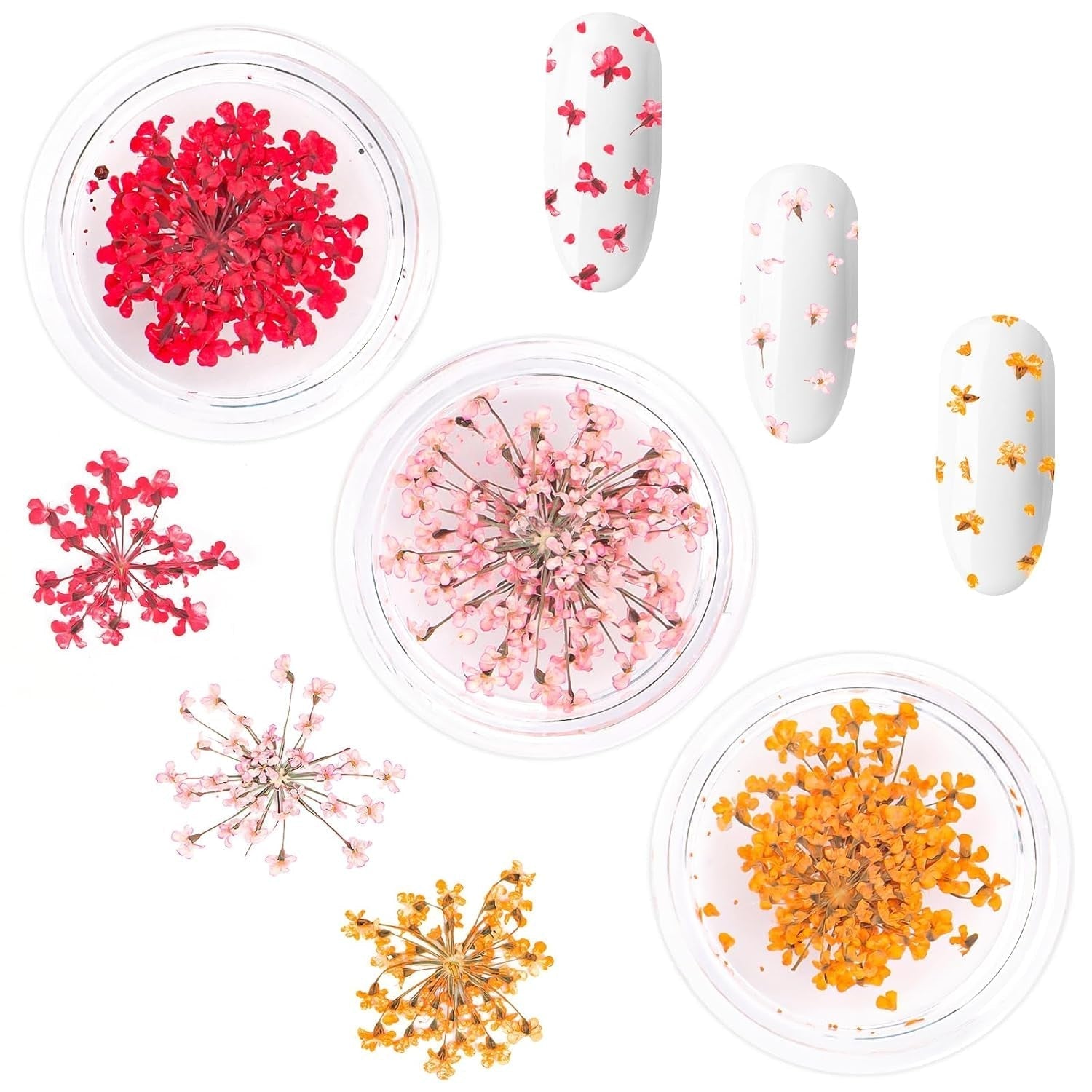 Nail Art Flowers Set Décoration - Gelnägel Zubehör 3 Farben (Orange, Blassrosa, Rose), Nail Art Aufkleber Trockene Blumen Kit Getrocknete Blumen Zubehör Set DIY Nageldekoration