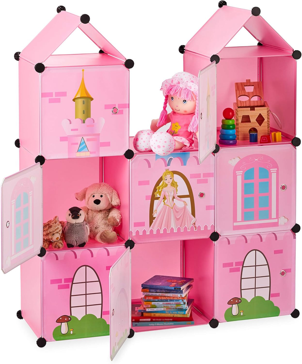 Etagère modulable Relaxdays pour chambre d'enfant, design château de princesse, plastique, meuble DIY avec portes, HL : 128 x 110 x 37 cm, rose