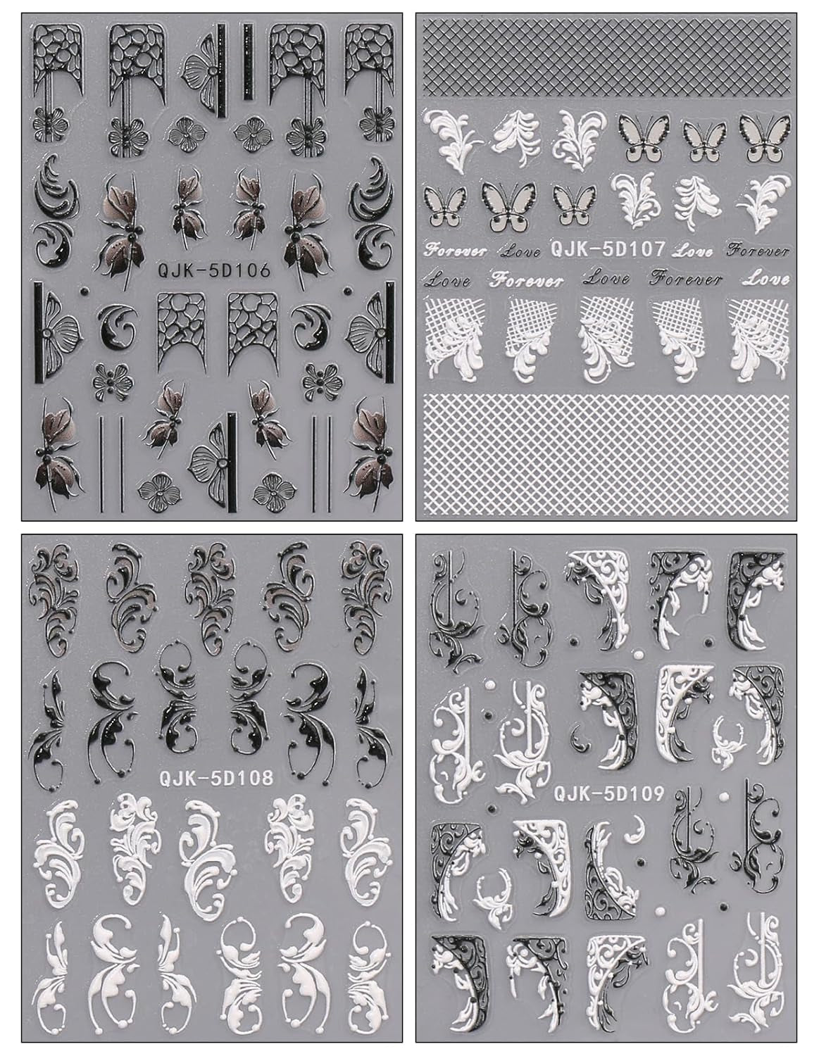 JMEOWIO Autocollants pour ongles 3D Noir Blanc Fleurs Nail Art Autocollants Autocollants pour ongles 5D Stéréoscopiques Fleurs Décoration Nageldesign Zubehör 4 Blatt