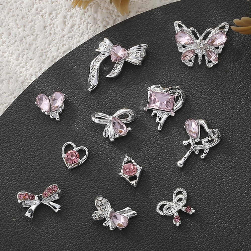 Luxus Rosa Diamant Nagel Charms 3D Butterfly Nail Art Charms Bow Nail Charms Y2K Heart Charms Nägel Zubehör Schmetterling Herz Schleife Nageldesign Edelsteine ​​Strasssteine ​​Glitzersteine ​​Nagelschmuck
