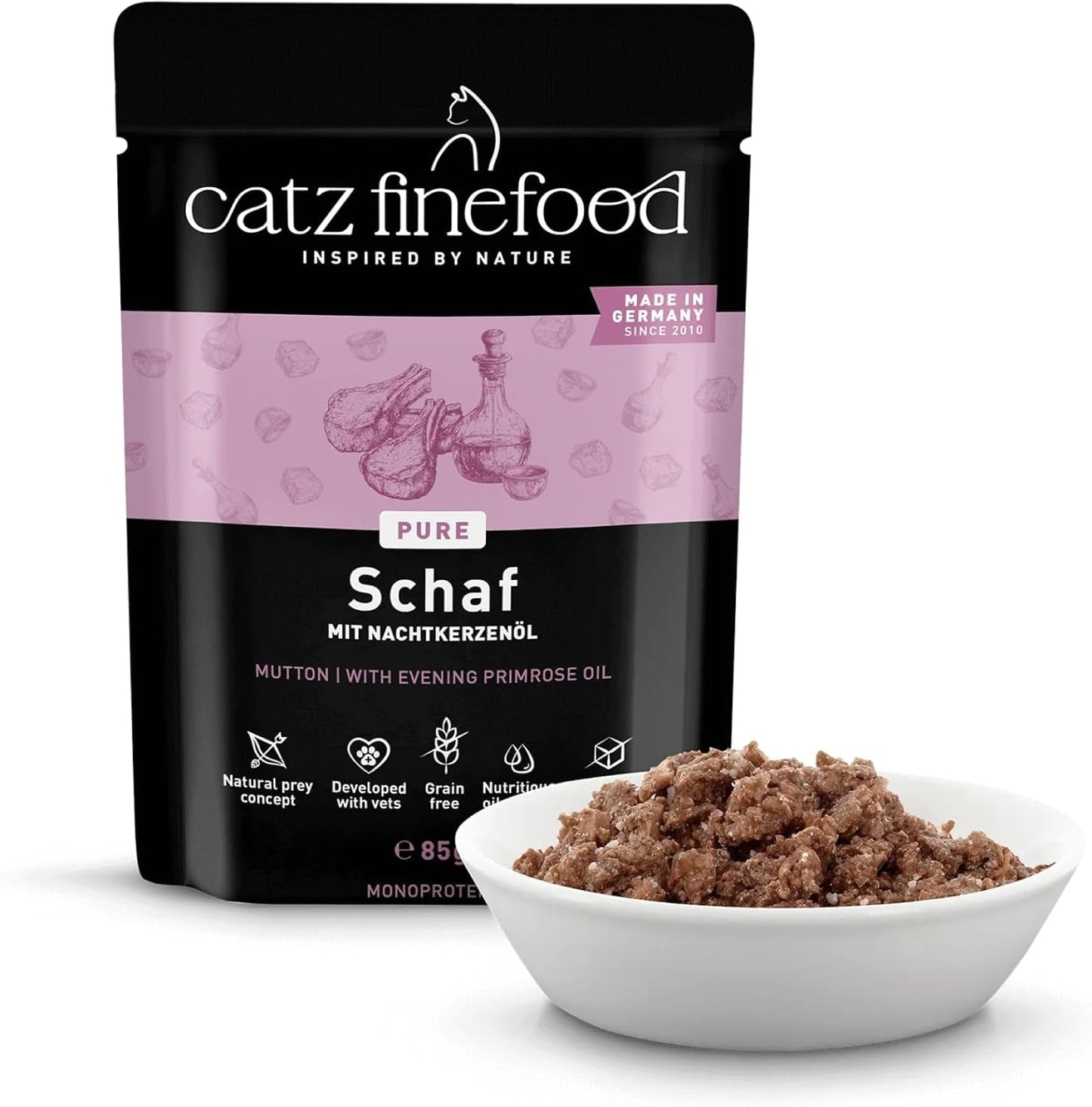 Nourriture humide pour chats Catz Finefood Purrrr Sheep Monoprotein no. 113, pour chats à digestion sensible, 70% de viande, 16 sachets de 85 g chacun