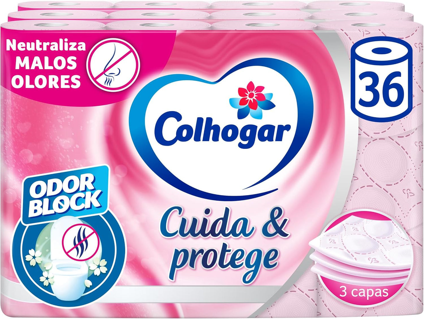 Colcasa Care & Protect 3 x 12 papier toilette avec technologie de blocage des odeurs, neutralise les mauvaises odeurs, paquet de 36 rouleaux, 3 épaisseurs, rouleaux roses parfumés frais