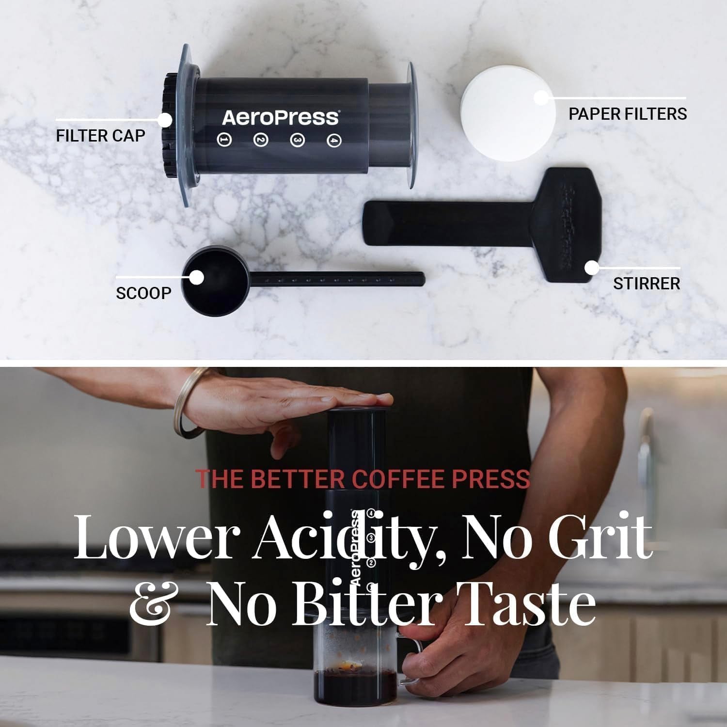 Machine à café et expresso originale AeroPress, cafetière portable de niveau Barista avec chambre, piston et filtres, machine à café et expresso rapide