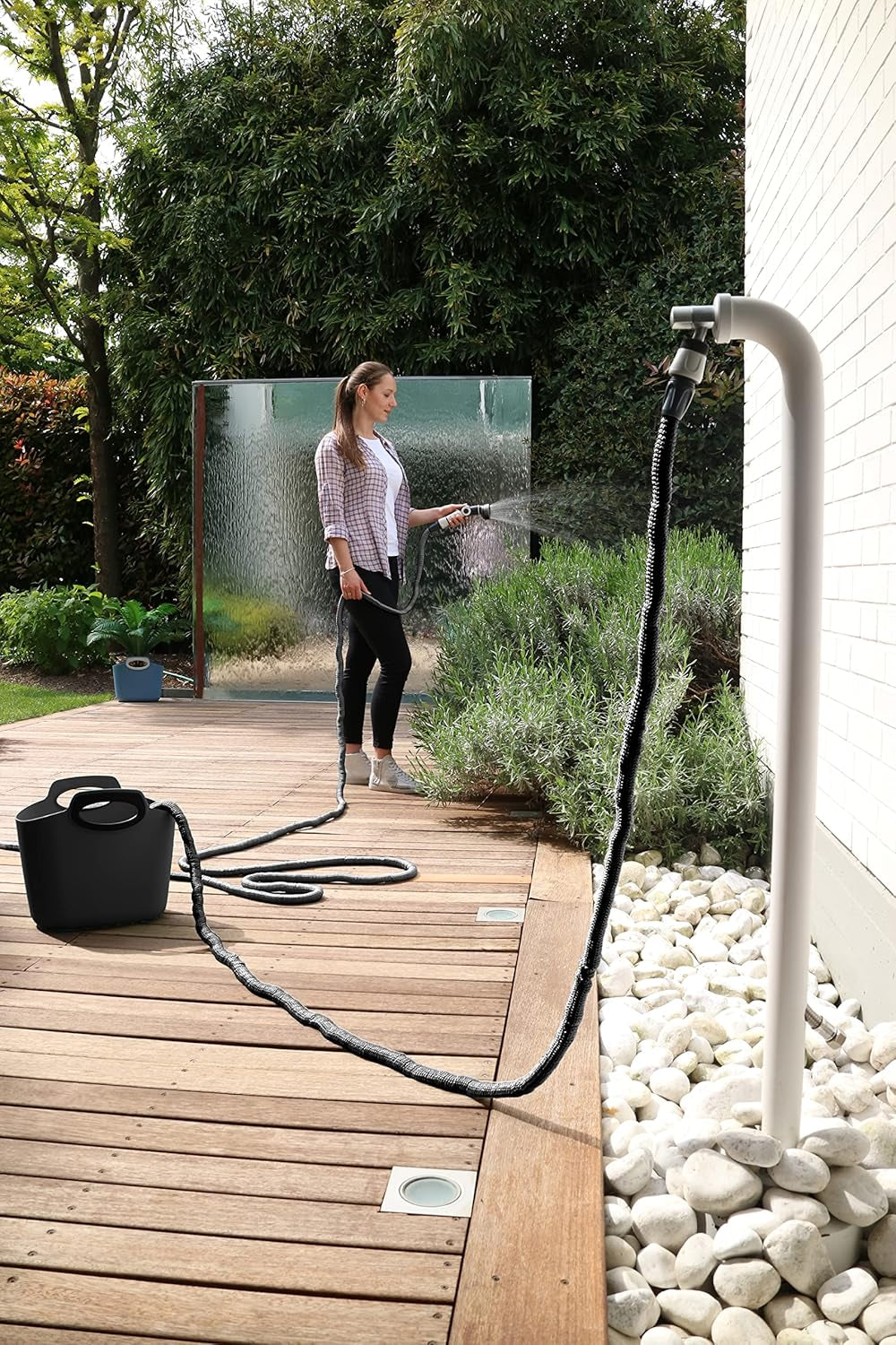 GF SRL, Aquapop Gris Édition Limitée avec tuyau textile auto-extensible de 25 m Fabriqué en Italie, sac en plastique souple, buses et raccords Lancia 8 pour l'irrigation du jardin, gris foncé