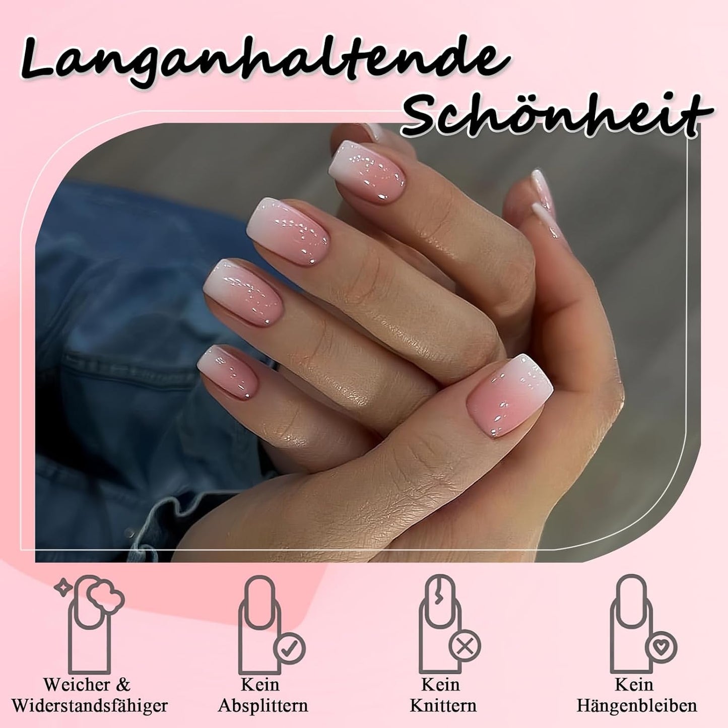 Kit de faux ongles 360 pièces – Faux ongles courts nus, rose, blanc, dégradé – Carré à coller sur faux ongles – Couverture complète, brillants, autocollants pour femmes et filles (carré)