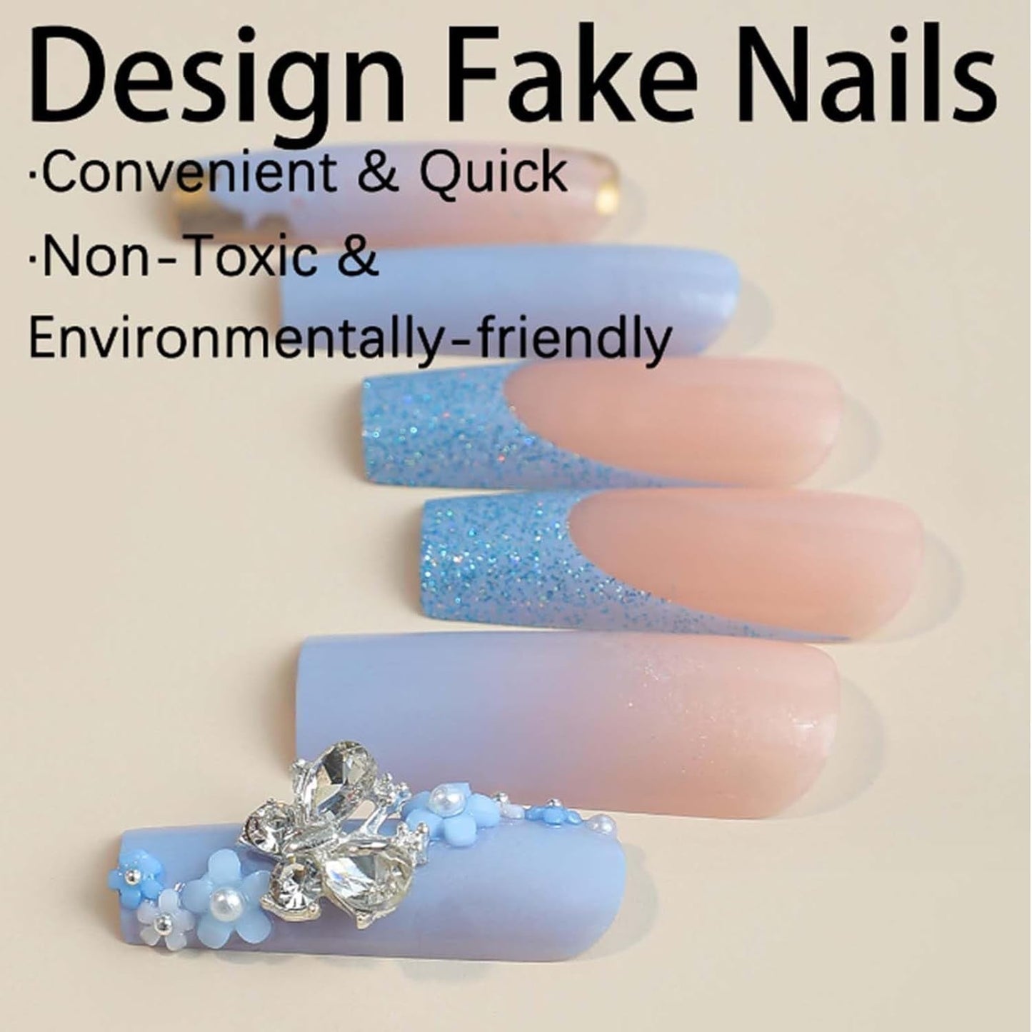 24 pièces papillon bleu ongles artificiels carré presse sur français longues paillettes brillant strass faux ongles conseils