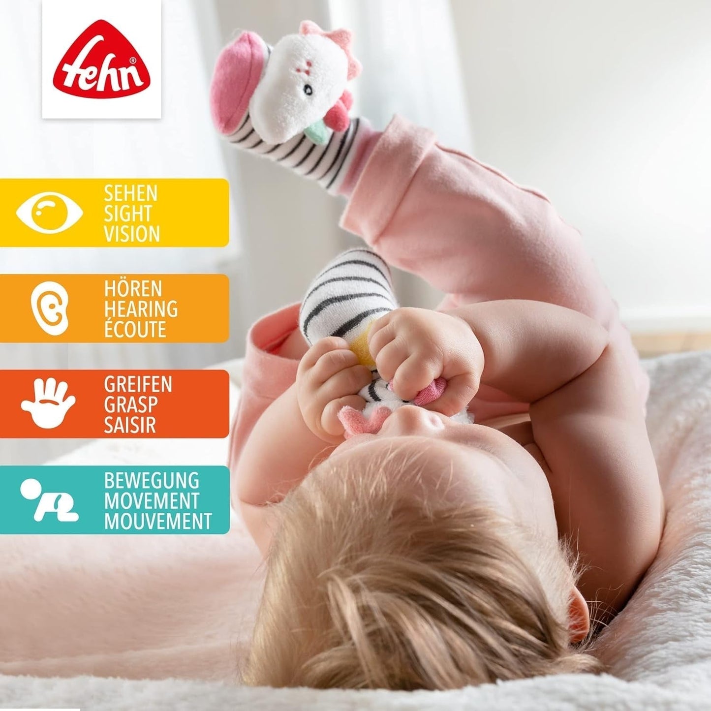 Fehn Play Glove Safari - Marionnettes à doigts pour bébé singe et éléphant et chaussettes cloches pour bébé licorne - chaussettes bébé avec fonction cloche et tête de licorne - stimulent la motricité et les sens Bebe Toys Naty Shop