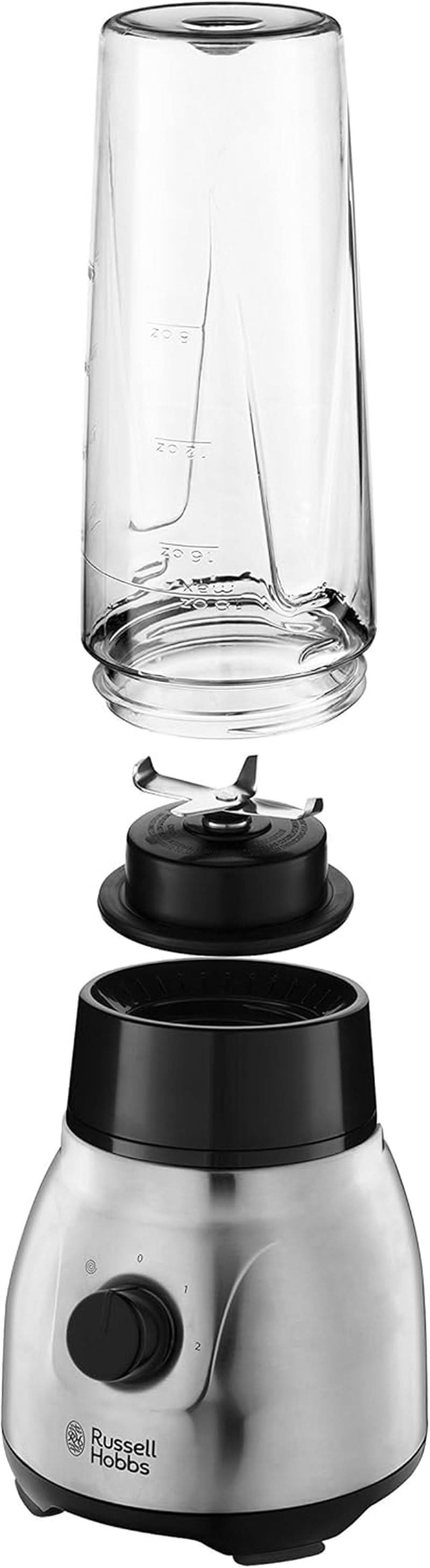 Russell Hobbs Batteur sur socle 2 en 1 [mélangeur en verre de 1,5 L et mini machine à smoothie de 0,6 L - To-Go-Trinkflasche Inkl. Deckel] Spülmaschinenfest, Impuls-/Ice-Crush Funktion, Becher BPA Frei, Edelstahl 23821-56 Kitchen Naty Shop