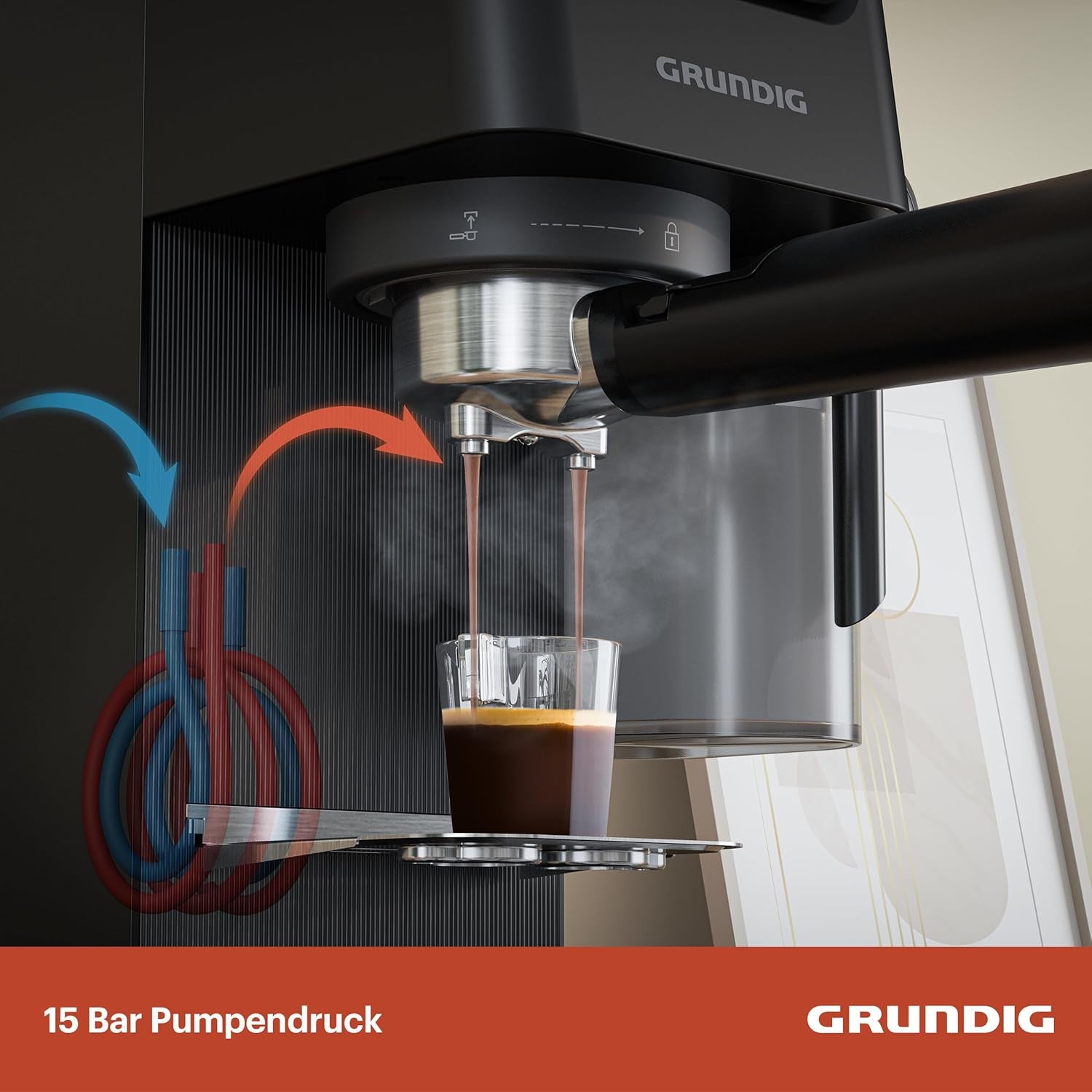Machine à expresso porte-filtre GRUNDIG KSM 5330 avec réservoir à lait intégré, puissance 1628 W, pression de pompe 15 bar, double buse, écran tactile couleur, BrewSense, CreamyPro, acier inoxydable foncé/noir