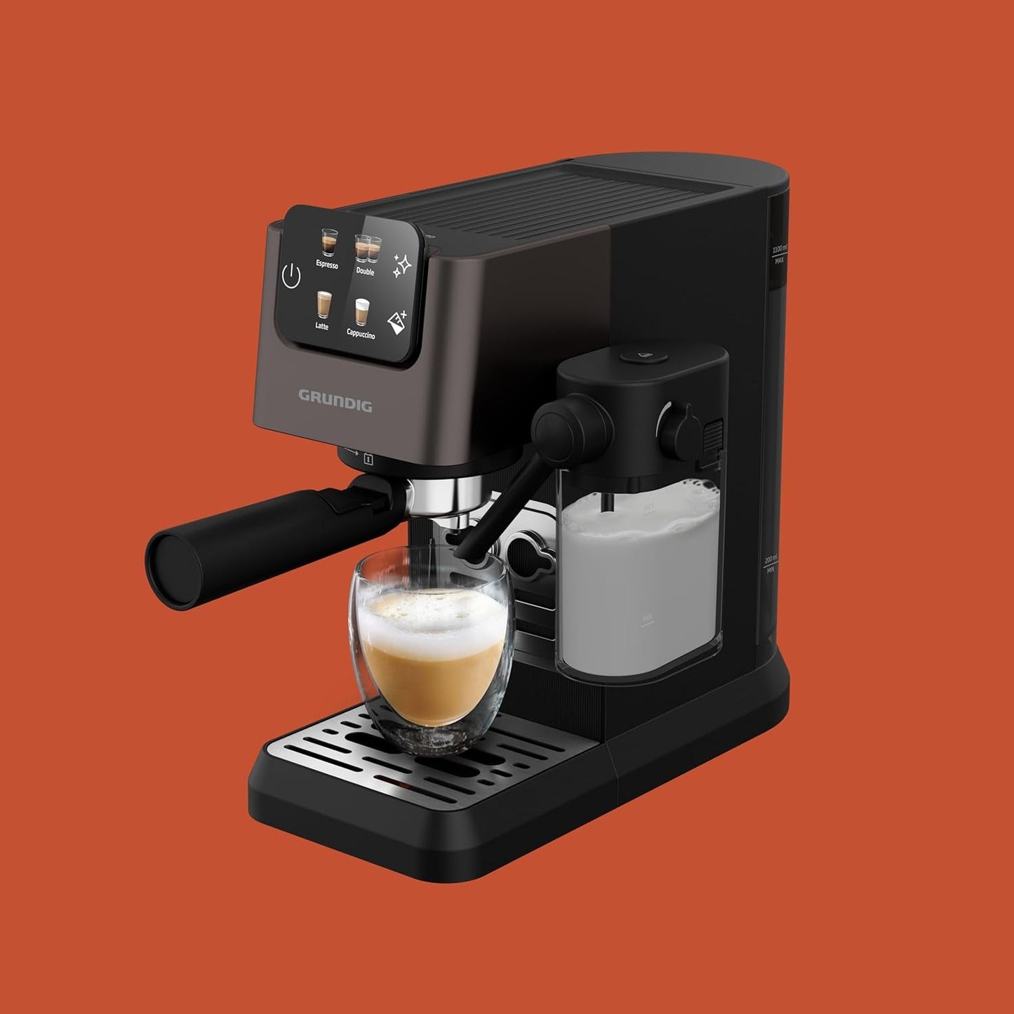 Machine à expresso porte-filtre GRUNDIG KSM 5330 avec réservoir à lait intégré, puissance 1628 W, pression de pompe 15 bar, double buse, écran tactile couleur, BrewSense, CreamyPro, acier inoxydable foncé/noir